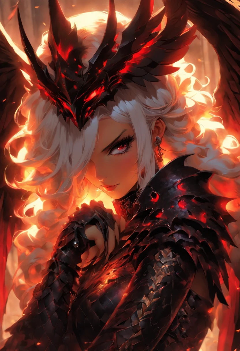 ((queen armor girl)) , (gothic style), full body view , bellybutton, The most beautiful and sexy demon goddess, long white hair, glowing red eyes, wearing detailed black gothic battle armor, black angel wings, tattoos and piercings, gothic castle, perfect masterpiece, high quality, high resolution, dragon's dogma, arms crossed on the chest