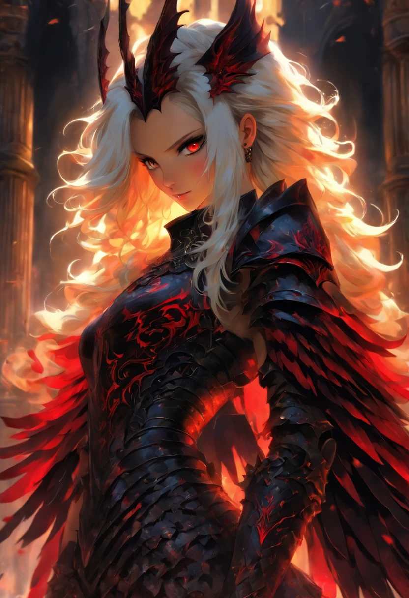 ((queen armor girl)) , (gothic style), full body view , bellybutton, The most beautiful and sexy demon goddess, long white hair, glowing red eyes, wearing detailed black gothic battle armor, black angel wings, tattoos and piercings, gothic castle, perfect masterpiece, high quality, high resolution, dragon's dogma, arms crossed on the chest