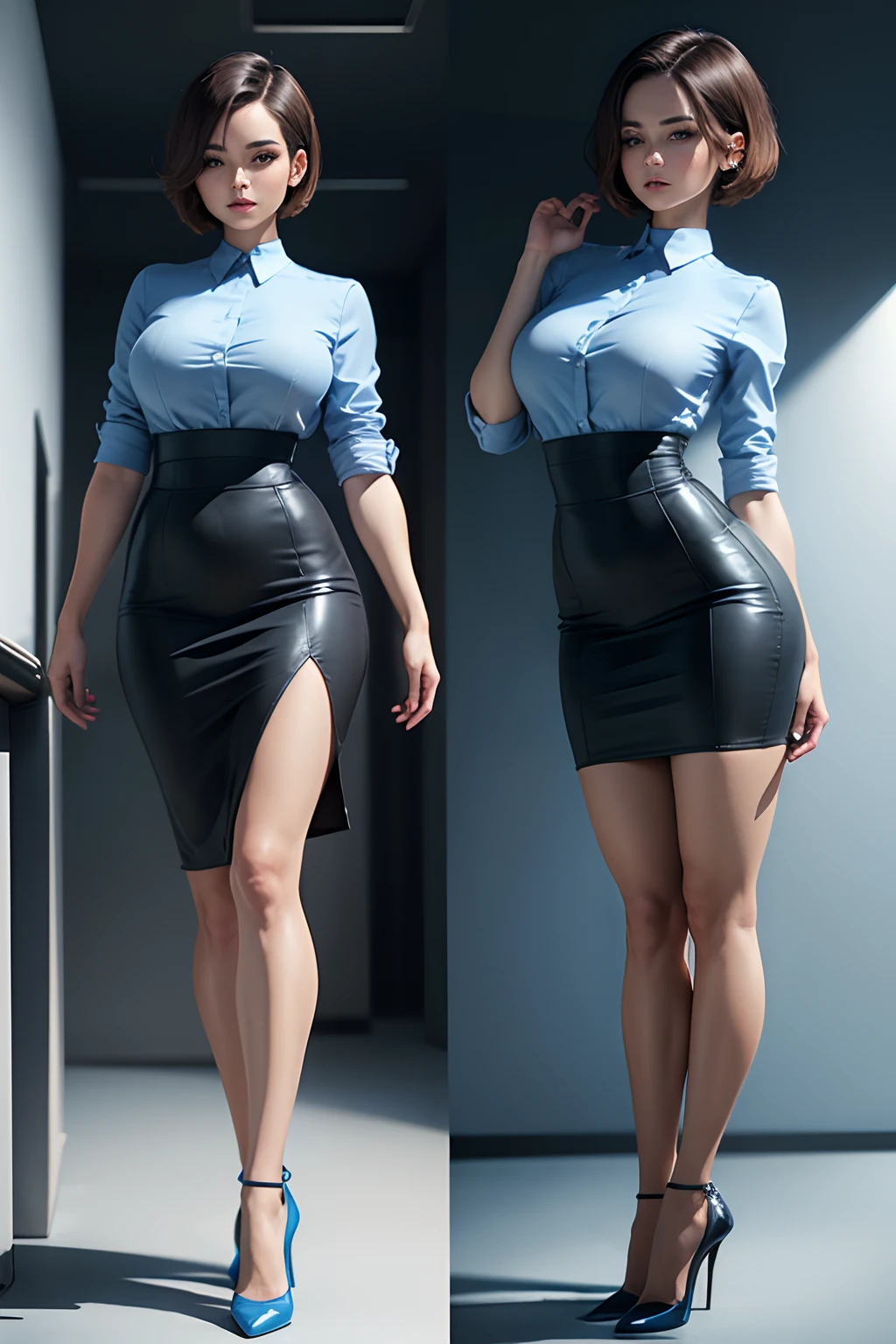 Stand sideways beauty pencil skirt busty punk style heels sad tear earrings