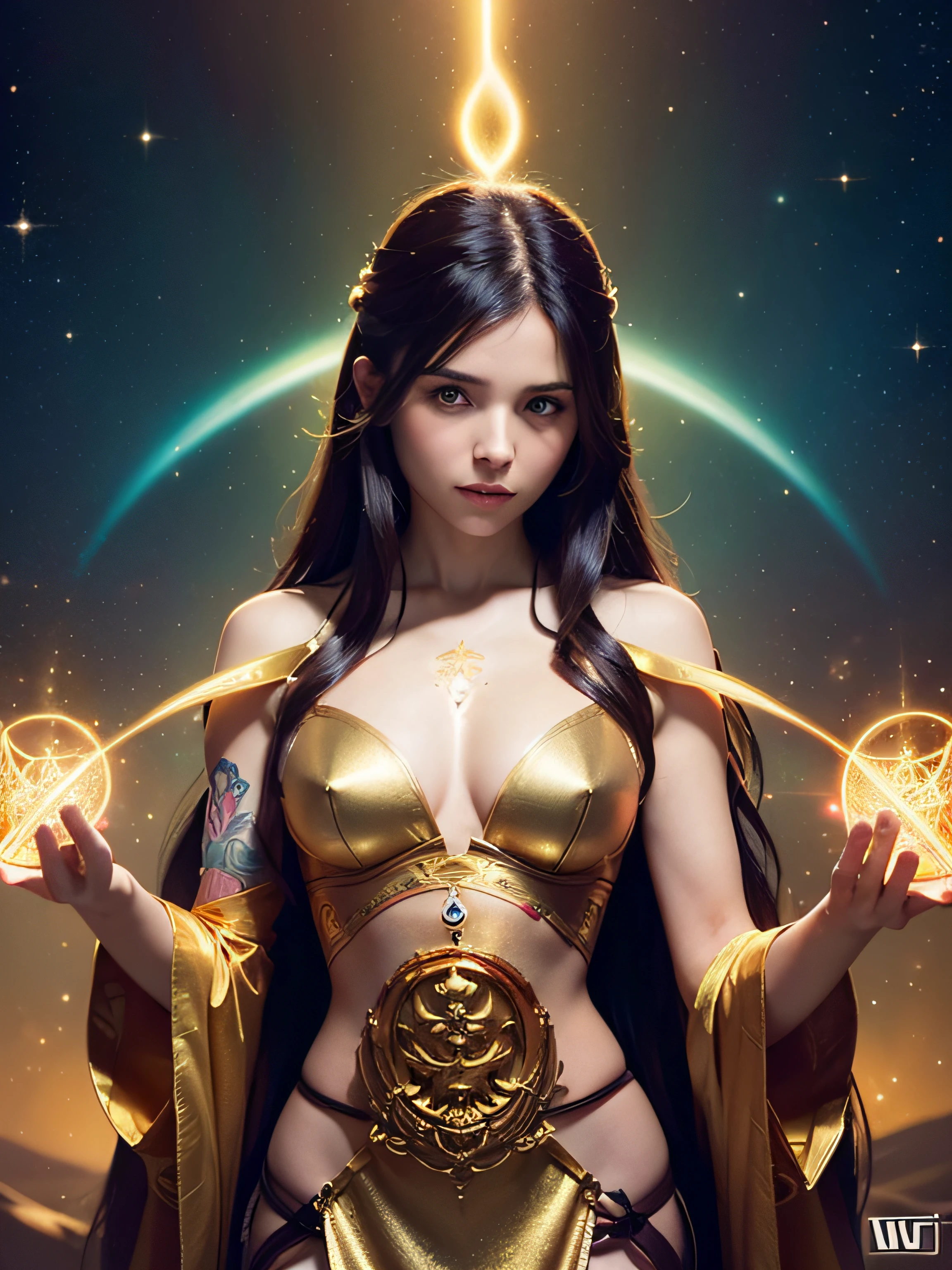 (Female sand goddess decorated like a beautiful movie, Golden dress, Glow Golden Tattoo), (Galactic Shaman with Quantum Energy Fantasy), Fantasy Magic, Long hairstyle, Dark light night, Convoluted, Ethereal, Sharp Focus, Illustration, Highly detailed, Digital Painting, Concept art, mats, (art by wlop), (Justin Gerard and Jason Edmiston: 1.5), (By Greg Rutkowski: 0.4), (By Alphonse Mucha: 0.4), masutepiece