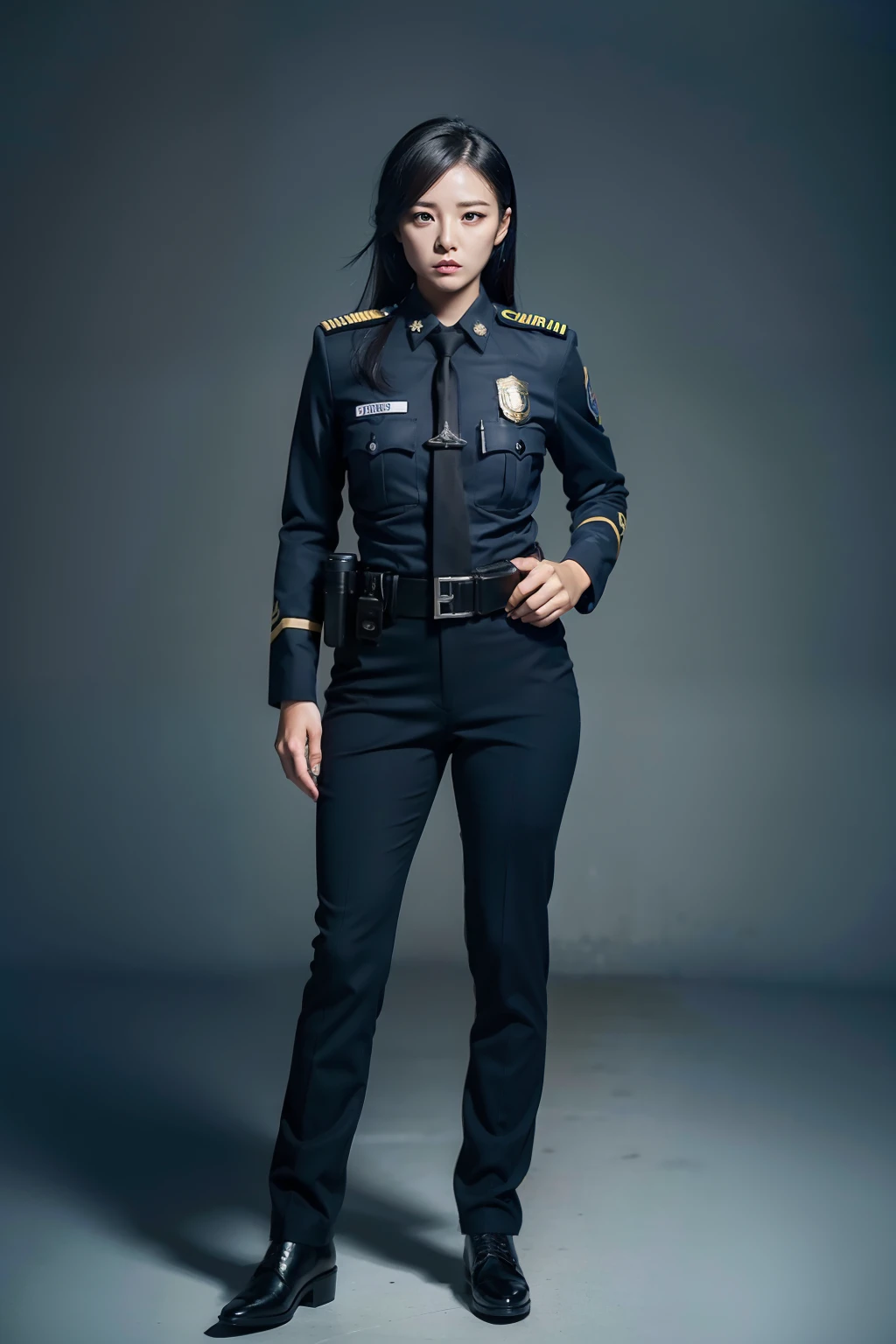 full body, Female Police Officer, no smile, gun in her hand, police uniform, fierce expression, realistic, RAW photo