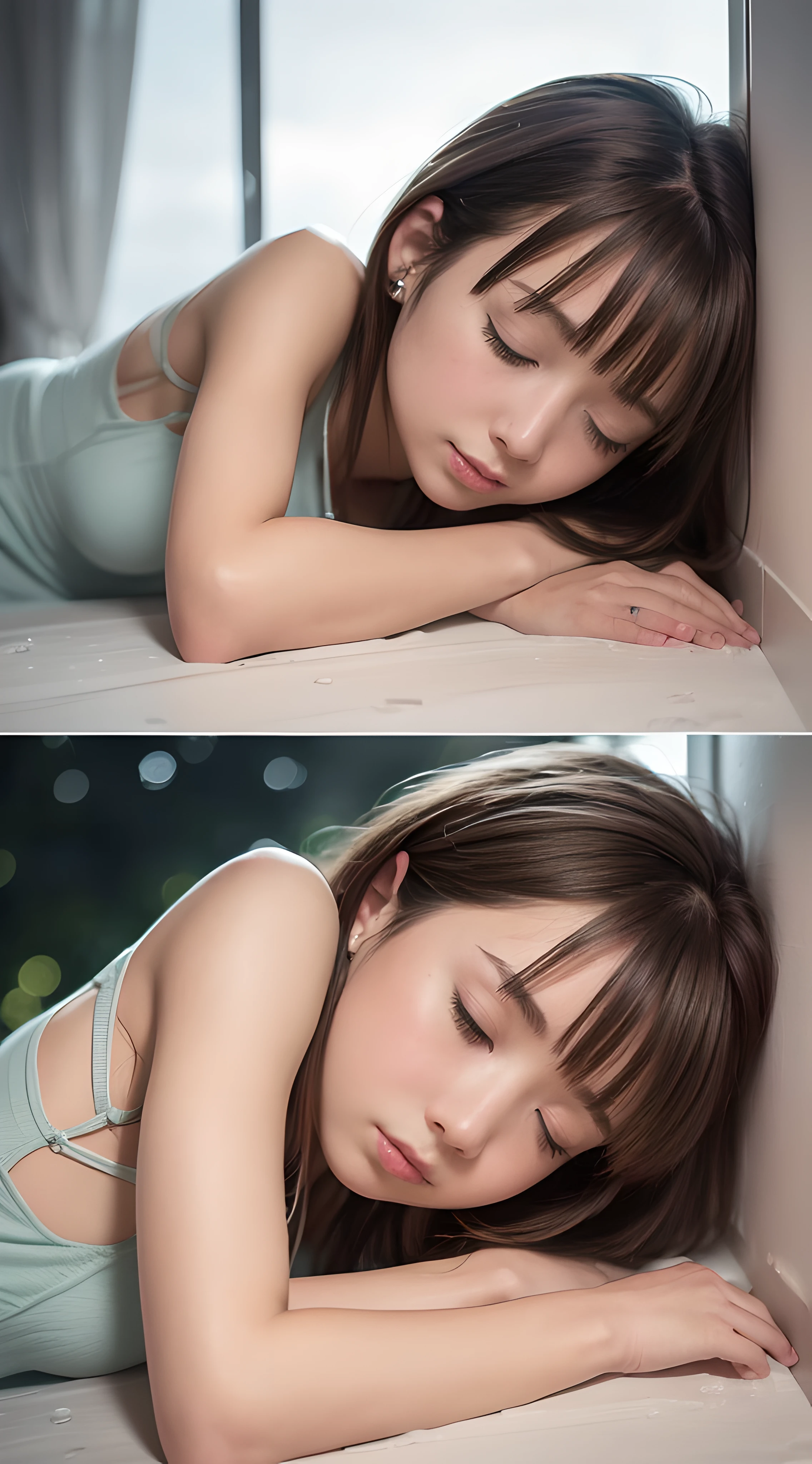 Masterpiece,Best quality,offcial art,Extremely detailed CG unified 8K wallpaper, (hdr:1.4), (A masterpiece of photography),(真实感), (pastel colour, dim colors, soothing tones:1.3), (Natural skin texture, hyper photorealism, Soft light, Sharp),(Extremely detailed), Professional lighting, Radio City,((1girll，20yr old，Fell asleep on the windowsill，Heavy rain late at night)), inside bedroom，Cold light，deep in the night，The rain is of the best quality, Lots of details, Masterpiece, Ultra-detailed, illustration, Extremely delicate and beautiful girl, 8K_the wallpaper,Beautiful detailed girl