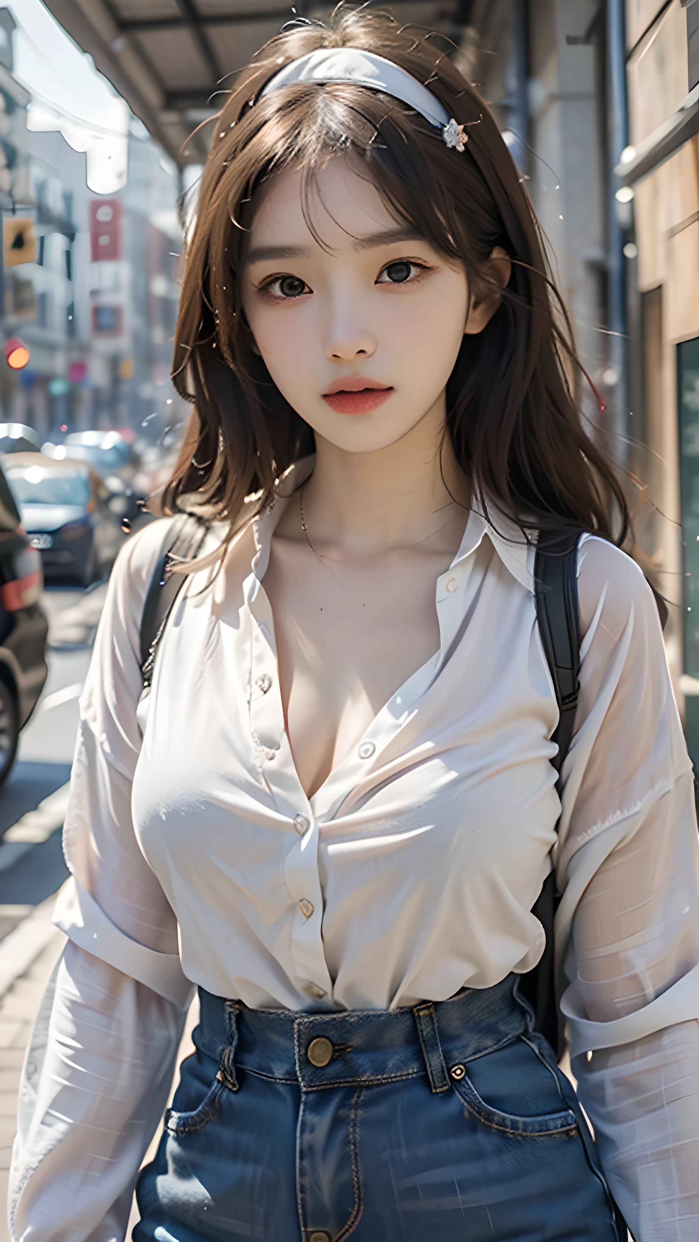 ((Top Quality, 8K, masterpiece : 1.3)), foco nítido : 1.2, pretty woman with a perfect figure : 1.4, Slim Abs : 1.2, ((Dark-brown hair, large full breasts : 1.2)), (White button-up long shirt : 1.1), City streets : 1.2, Very Detailed Face and Skin Texture, Detailed Eyes, Double eyelidd, ((Beautiful Koreans, JINS))