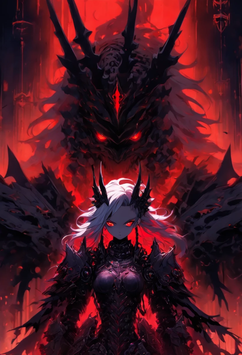 queen power armor little girl , (gothic style), full body view , bellybutton, The most beautiful and sexy demon goddess, long white hair, glowing red eyes, wearing detailed black gothic battle armor, black angel wings, tattoos and piercings, gothic castle, perfect masterpiece, high quality, high resolution, ((horror girl)), (blood big armor, (lots of chains),