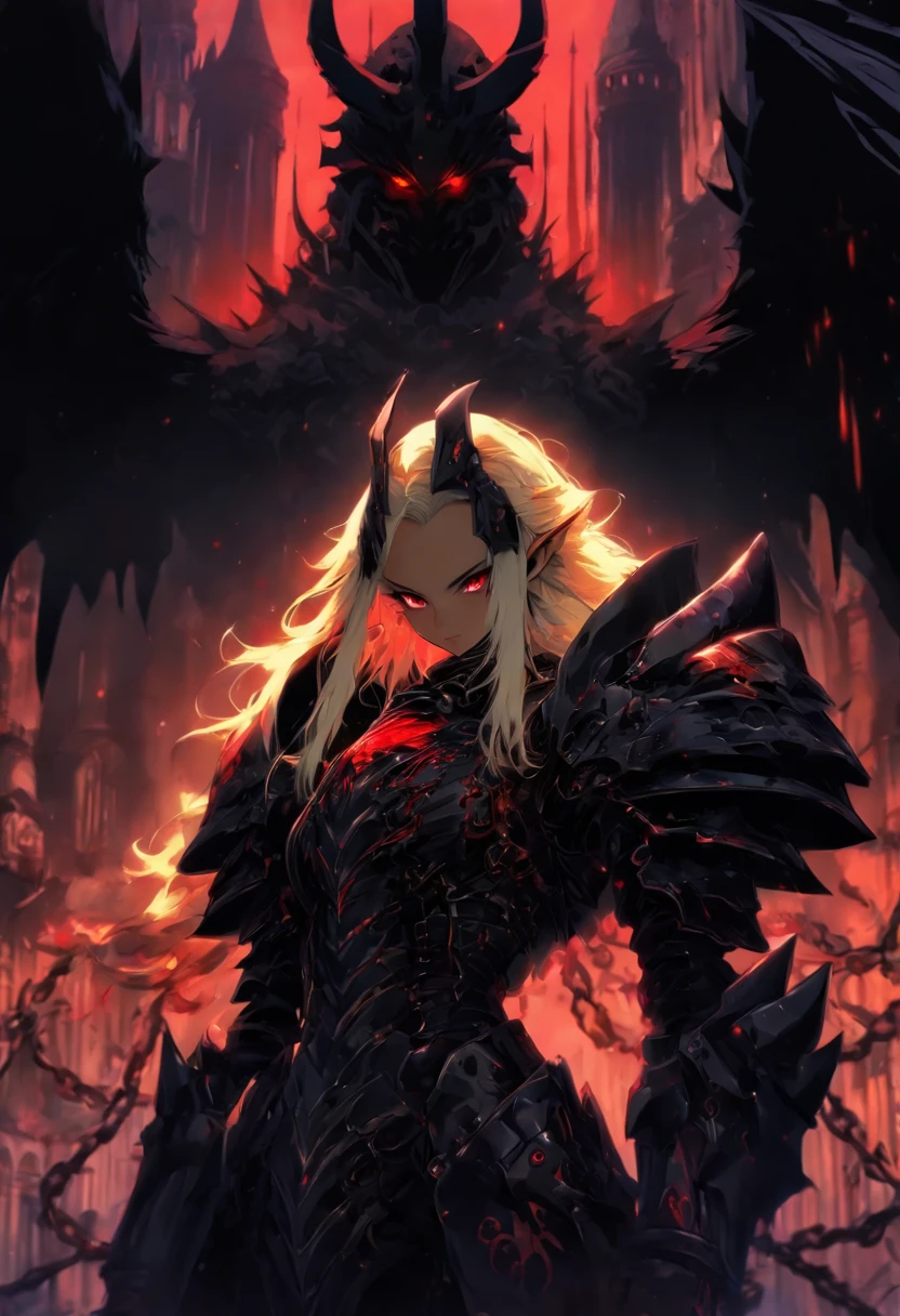 queen power armor little girl , (gothic style), full body view , bellybutton, The most beautiful and sexy demon goddess, long white hair, glowing red eyes, wearing detailed black gothic battle armor, black angel wings, tattoos and piercings, gothic castle, perfect masterpiece, high quality, high resolution, ((horror girl)), (blood big armor, (lots of chains),