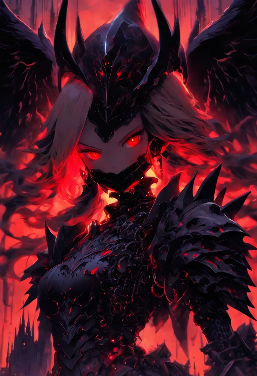 queen power armor girl , (gothic style), full body view , bellybutton, The most beautiful and sexy demon goddess, long white hair, glowing red eyes, wearing detailed black gothic battle armor, black angel wings, tattoos and piercings, gothic castle, perfect masterpiece, high quality, high resolution, ((horror girl)), (blood big armor, (lots of chains),