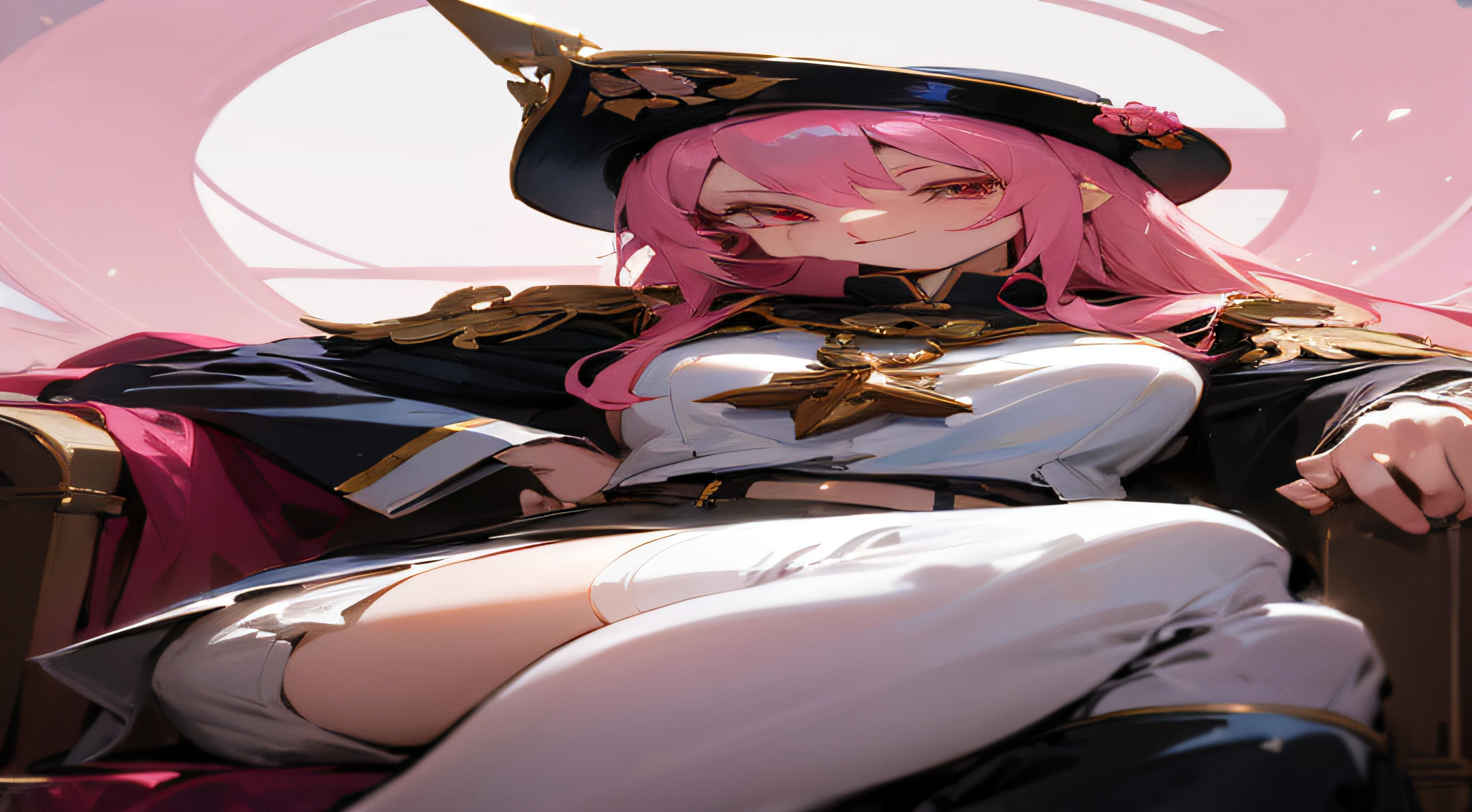 anime girl with pink hair and red eyes and a red top, a character portrait by Shingei, pixiv, conceptual art, [[[[grinning evily]]]], anime style portrait, anime moe artstyle, marin kitagawa fanart, joyful smirk, kawaii realistic portrait, anime portrait, anime character portrait, anime waifu, flower shaped pupil, cleric, dressed like a cleric, pretty female cleric, 8K, Ultra Quality, ahegao, white navy captain hat, symbol shaped pupil, masterpiece, white hat, in a room, sitting on an ornate throne, cleric, shining pink armor, woman with a gesugao facial expression, sadistic twisted expression, open mouth, white clothe