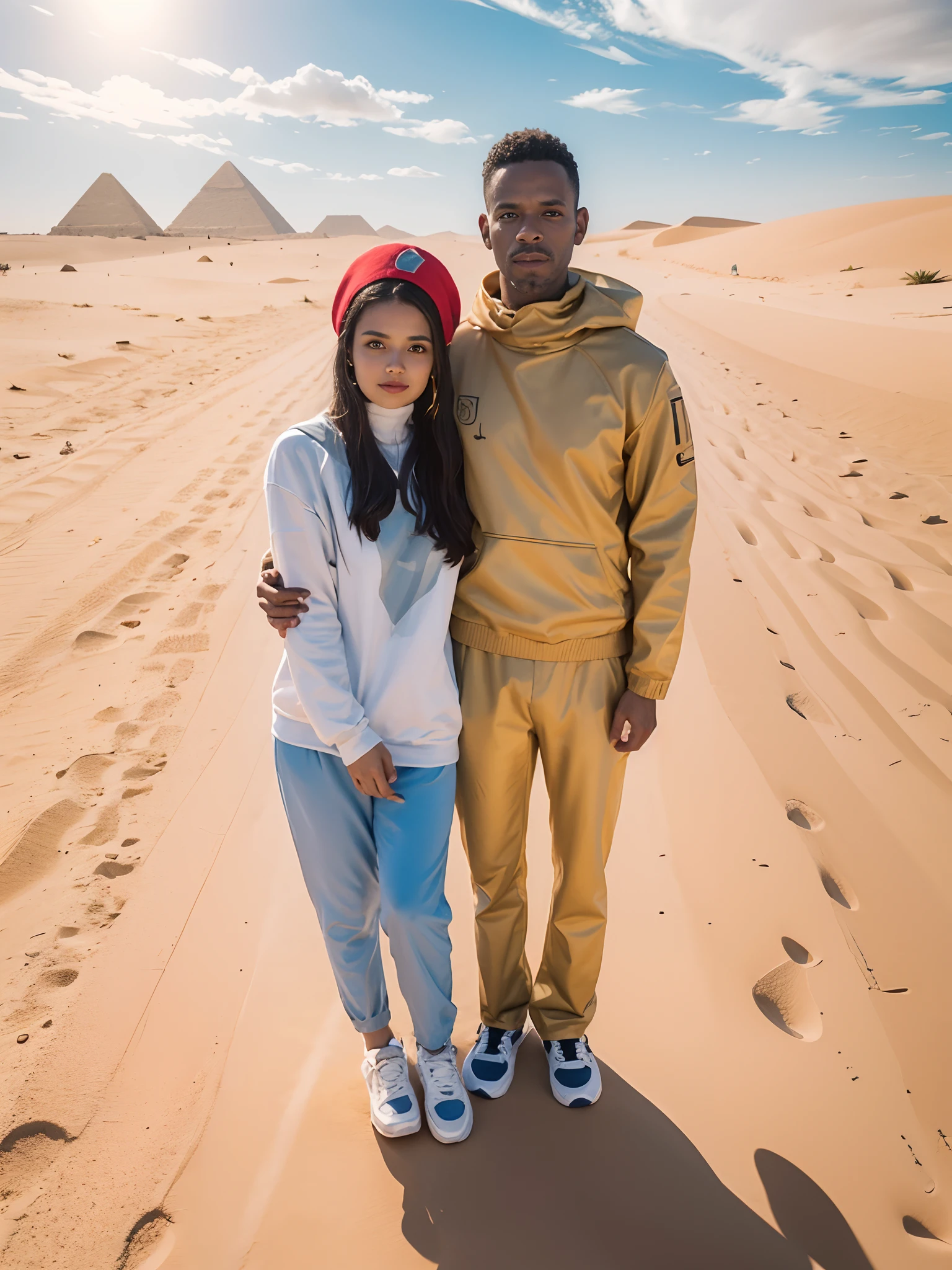 full-length portrait, Guy and girl in sneakers on the sand, In the background of the Sahara desert and the pyramids, Summer sky, Гипер HD, Award-winning photography, higly detailed, tmasterpiece, superdetail, hiquality, beste-Qualit, 4k, 8K, 16k