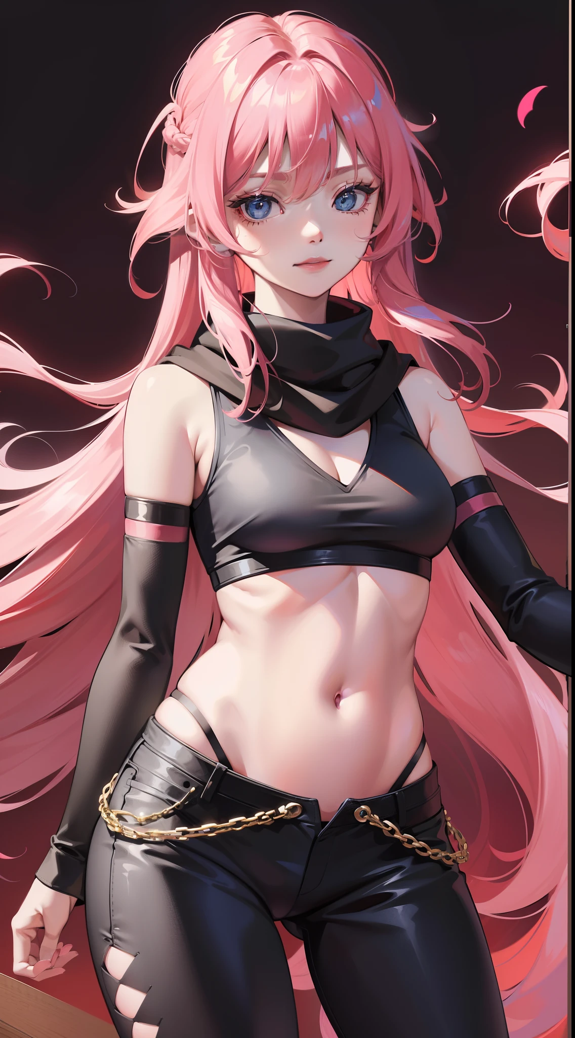 young girl, long pink hair, elf ears, red eyes, pink lipstick, crazy smile, small breasts, open shoulders, open belly, black mantle, long sleeves, claws, Shorts, Masterpiece, hiquality