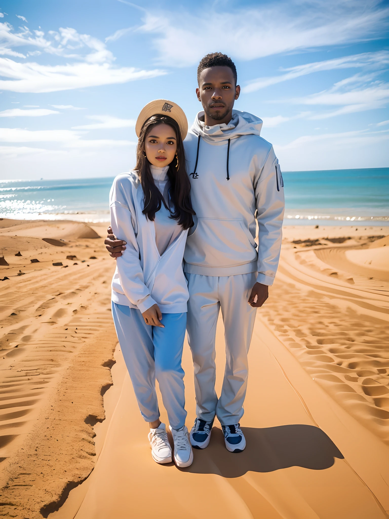 full-length portrait, Guy and girl in sneakers on the sand, In the background of the Sahara desert and the pyramids, Summer sky, Гипер HD, Award-winning photography, higly detailed, tmasterpiece, superdetail, hiquality, beste-Qualit, 4k, 8K, 16k