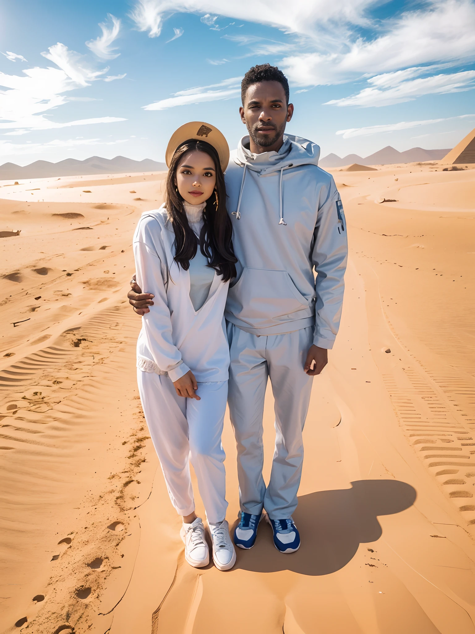 full-length portrait, Guy and girl in sneakers on the sand, In the background of the Sahara desert and the pyramids, Summer sky, Гипер HD, Award-winning photography, higly detailed, tmasterpiece, superdetail, hiquality, beste-Qualit, 4k, 8K, 16k