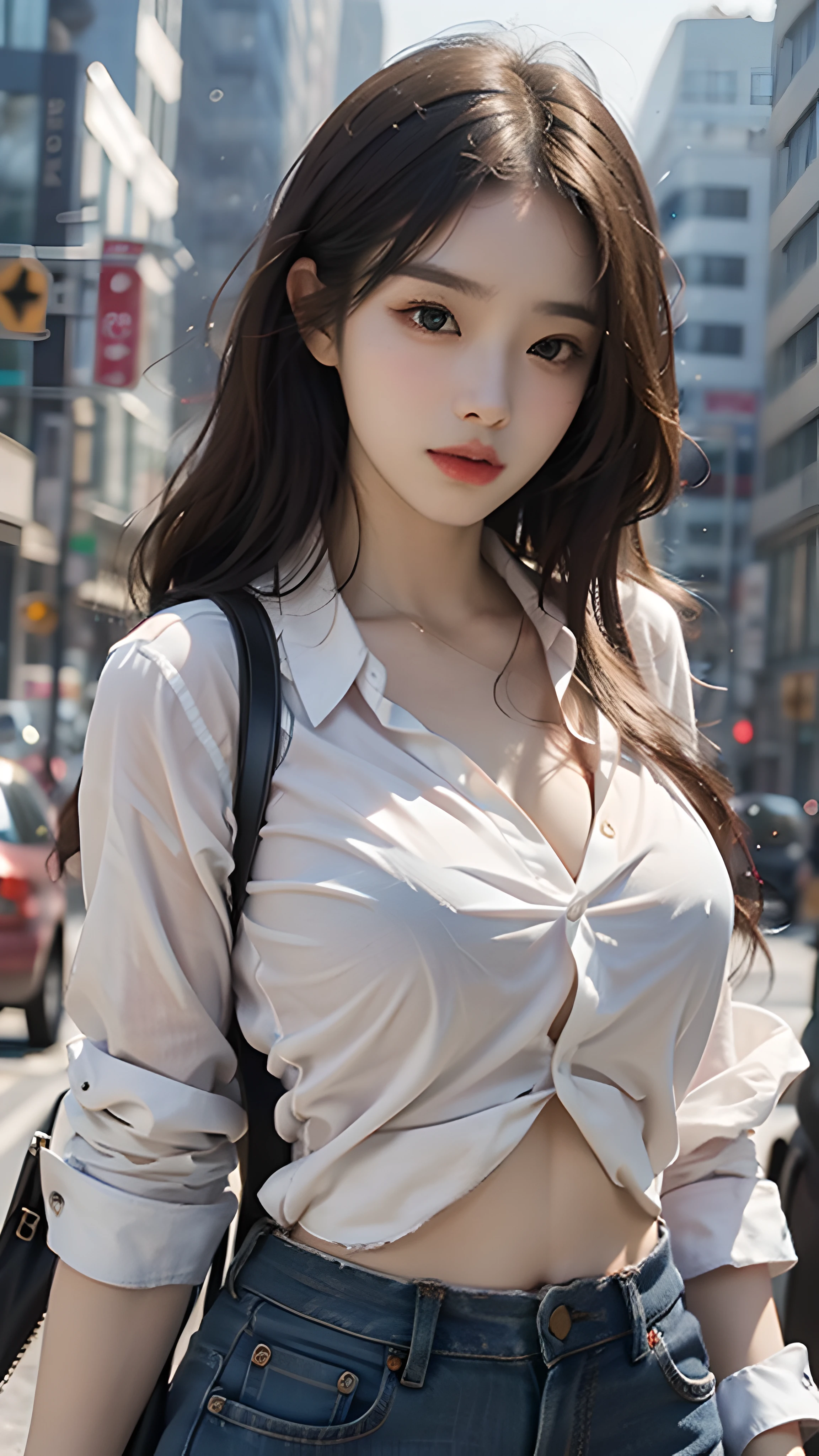 ((Top Quality, 8K, masterpiece : 1.3)), foco nítido : 1.2, pretty woman with a perfect figure : 1.4, Slim Abs : 1.2, ((Dark-brown hair, large full breasts : 1.2)), (White button-up long shirt : 1.1), City streets : 1.2, Very Detailed Face and Skin Texture, Detailed Eyes, Double eyelidd, ((Beautiful Koreans, JINS))