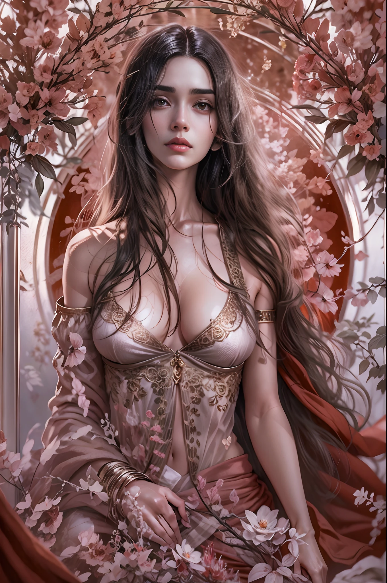 Different mood indian with large eyes woman with very long hair, showing clevage, clutched in deep red towel, wide angle in a silver vintage garden, perfect anatomy, illustrative, painterly, detailed, UHD drawing, pen and ink, perfect composition, beautiful detailed intricate insanely detailed octane render trending on artstation, 8k artistic photography, photorealistic concept art, soft natural