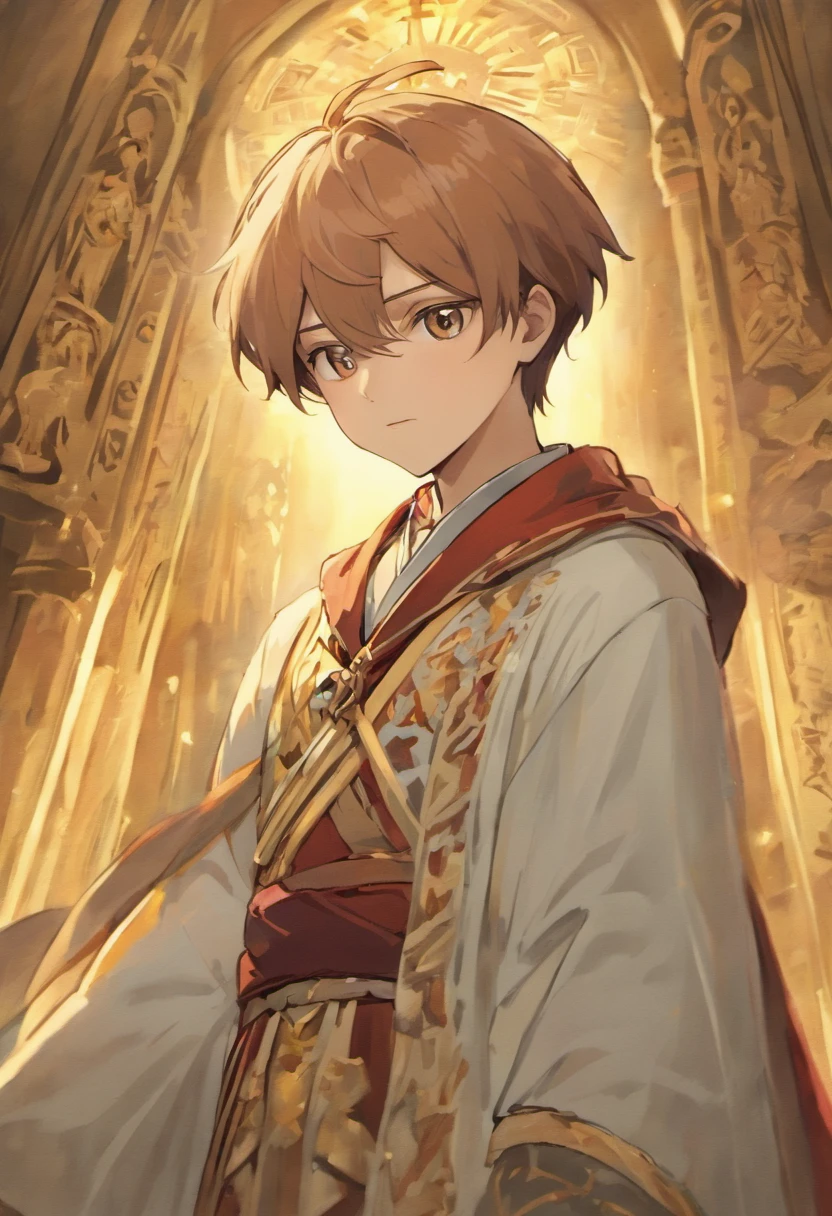 Ancient European aristocratic costumes，young  male，shoun，Noble boy，white pantie，Deerskin booties，with short brown hair，Sepia pupils，white backgrounid，Delicate facial features