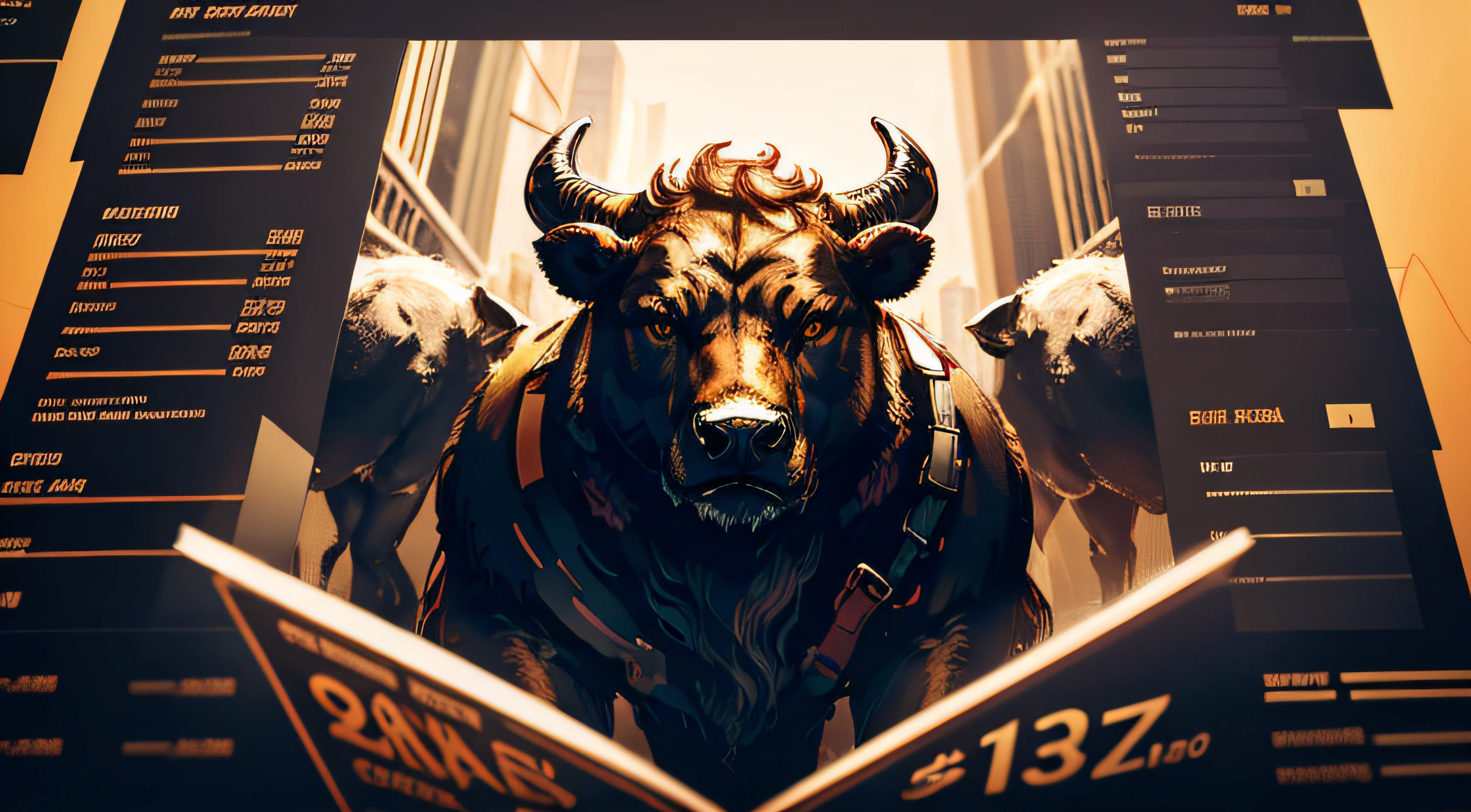 A closeup of a bull and a bear on a stock market chart, hiper altista, trading stocks, trading, Comerciantes, Mercados, ๐๐๐, illustration daily deviation, symmetric, the spirit of the bull run, trending on markets, displaying stock charts, Touro, very symmetrical, Wall Street, Shorting, O melhor no Adobe Stock, Directed by: Meredith Dillman