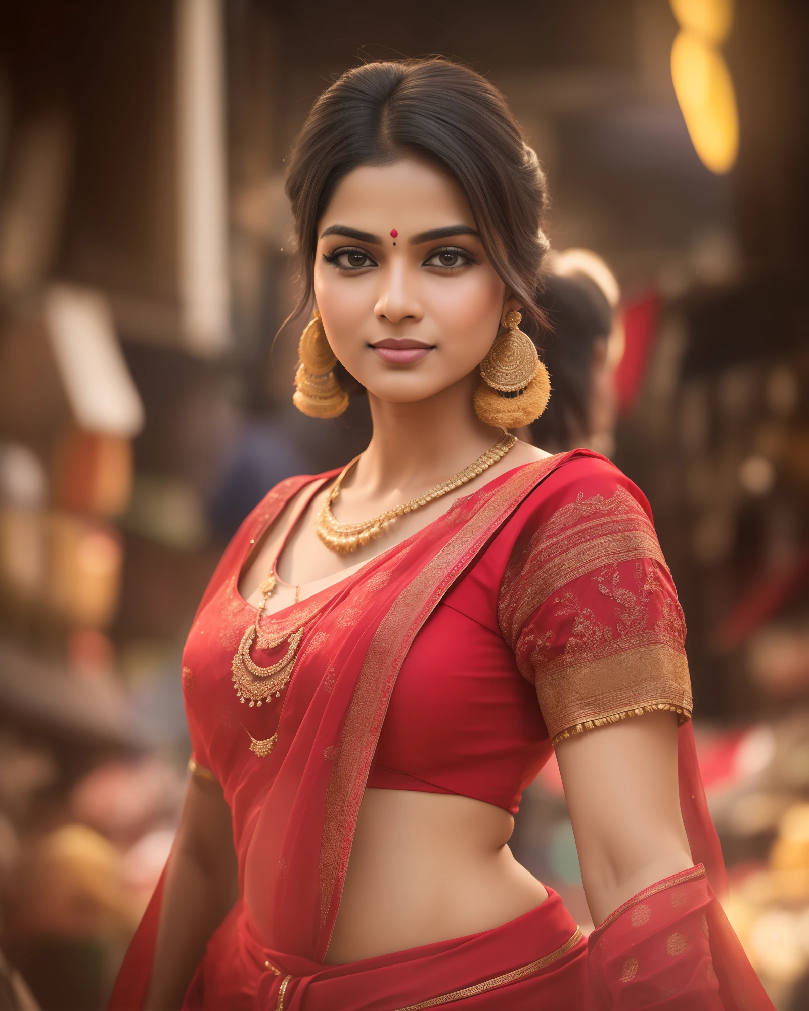 (Frontview:1.5),(longshot:1.5),24-28 Years Old bollywood indian female fashion mode,bob hair style,brown skin,dressed Sari,Happy expression on face,at the night market,backlight, extremely realistic, 8k, insane details, intricate details, cinematic color graded,Color Grading, Editorial Photography, Photography,sharp focus, taken with a 60mm lens, ISO 300, f/4, 1/200th