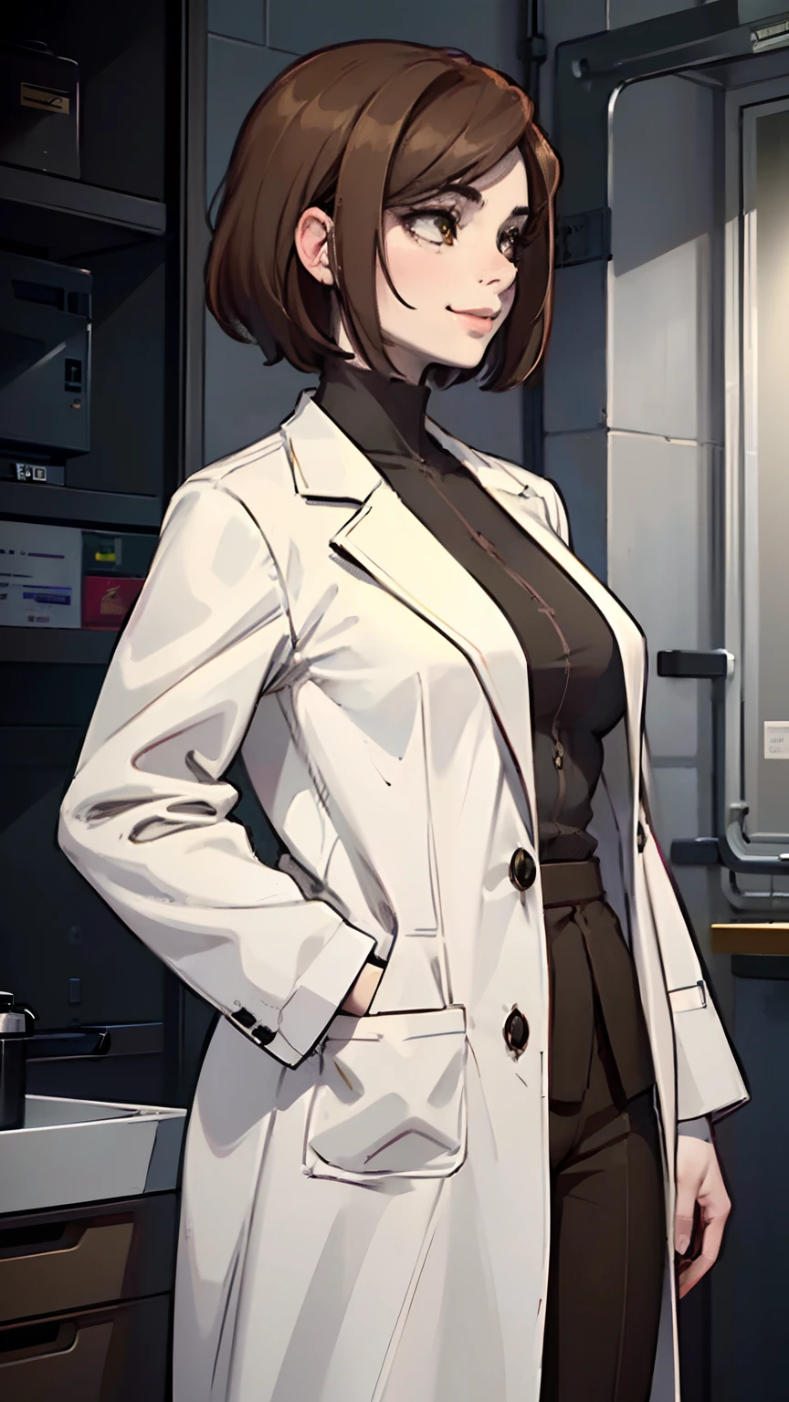 1 woman, side view, (white skin tone:1.4), short brown hair, brown eyes colour, white long lab coat, doctor, smirk, hospital background aura, (high quality, masterpiece, extremely detailed:1.2), (Realistic, photorealistic:1.2)