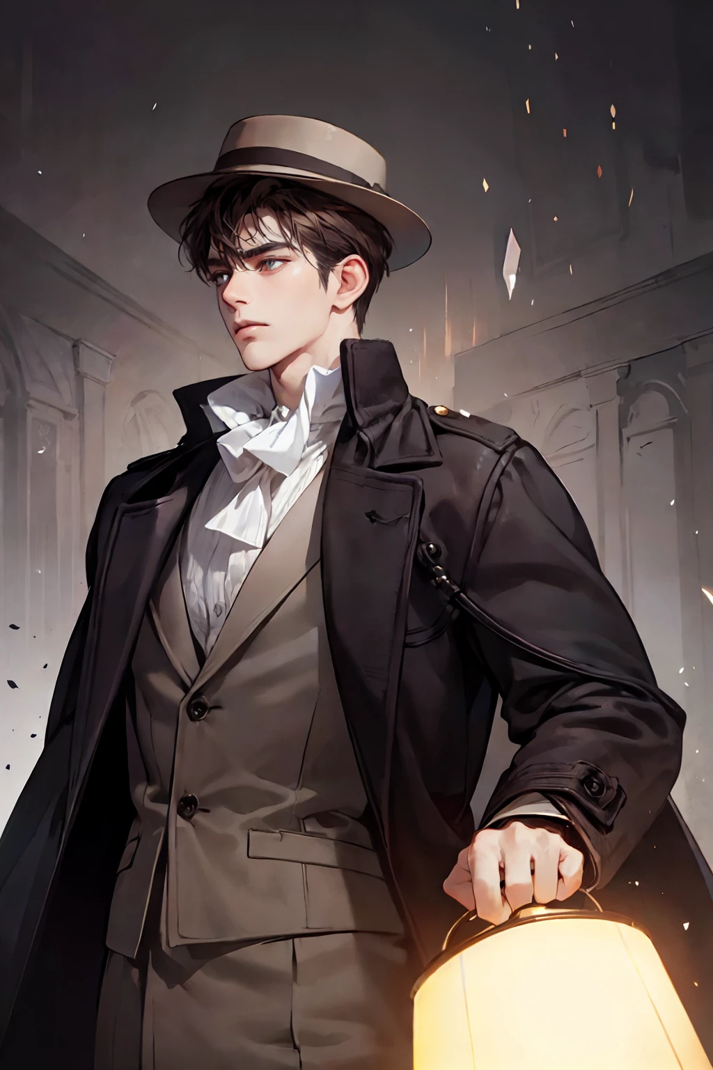 masterpiece, best quality, realistic, 1man, mature male, quiet and charming young man, 25 years old, close his eyes, serious look, extremely detailed face, ((dark grey eyes)), ((short-right-swept dark brown hair)), [thick eyebrows], detective, ((Dressed in a classic overcoat and fedora hat)), cinematic lighting, looking at the audience, posture dynamics, Victorian era
