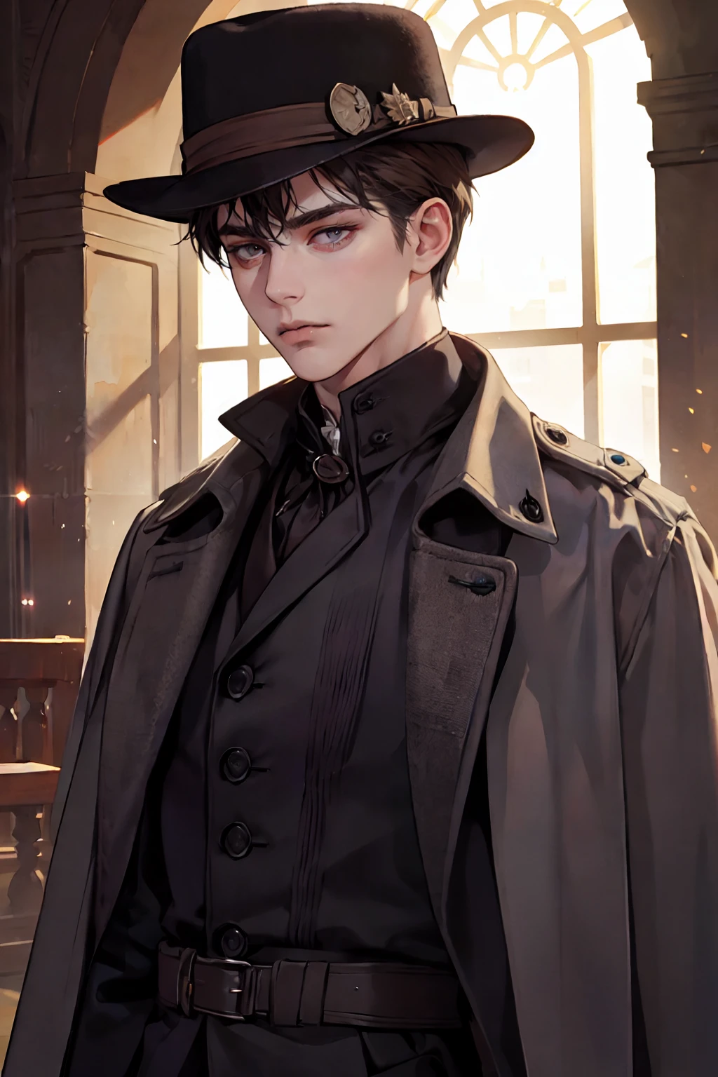 masterpiece, best quality, realistic, 1man, mature male, quiet and charming young man, 25 years old, close his eyes, serious look, extremely detailed face, ((dark grey eyes)), ((short-right-swept dark brown hair)), [thick eyebrows], detective, ((Dressed in a classic overcoat and fedora hat)), cinematic lighting, looking at the audience, posture dynamics, Victorian era