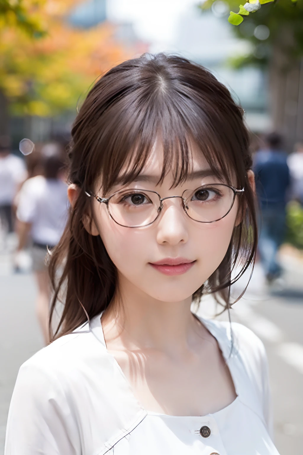 (8K、Raw photography、top-quality、masterpiece:1.2)、(realisitic、Photorealsitic:1.37)、ultra-detailliert、超A high resolution、 1 人、29yo、see the beholder、beautifull detailed face、Smile、Constriction、(Slim waist) :1.3)、Beautiful detailed skin、Skin Texture、well-shaped breasts、Floating hair、Hair bunched into one、(white clothes:1.4)、Professional Lighting、Autumn afternoon、In the street、(((eye glass)))、The whole body of the human body、brown haired、((Shameful appearance))、