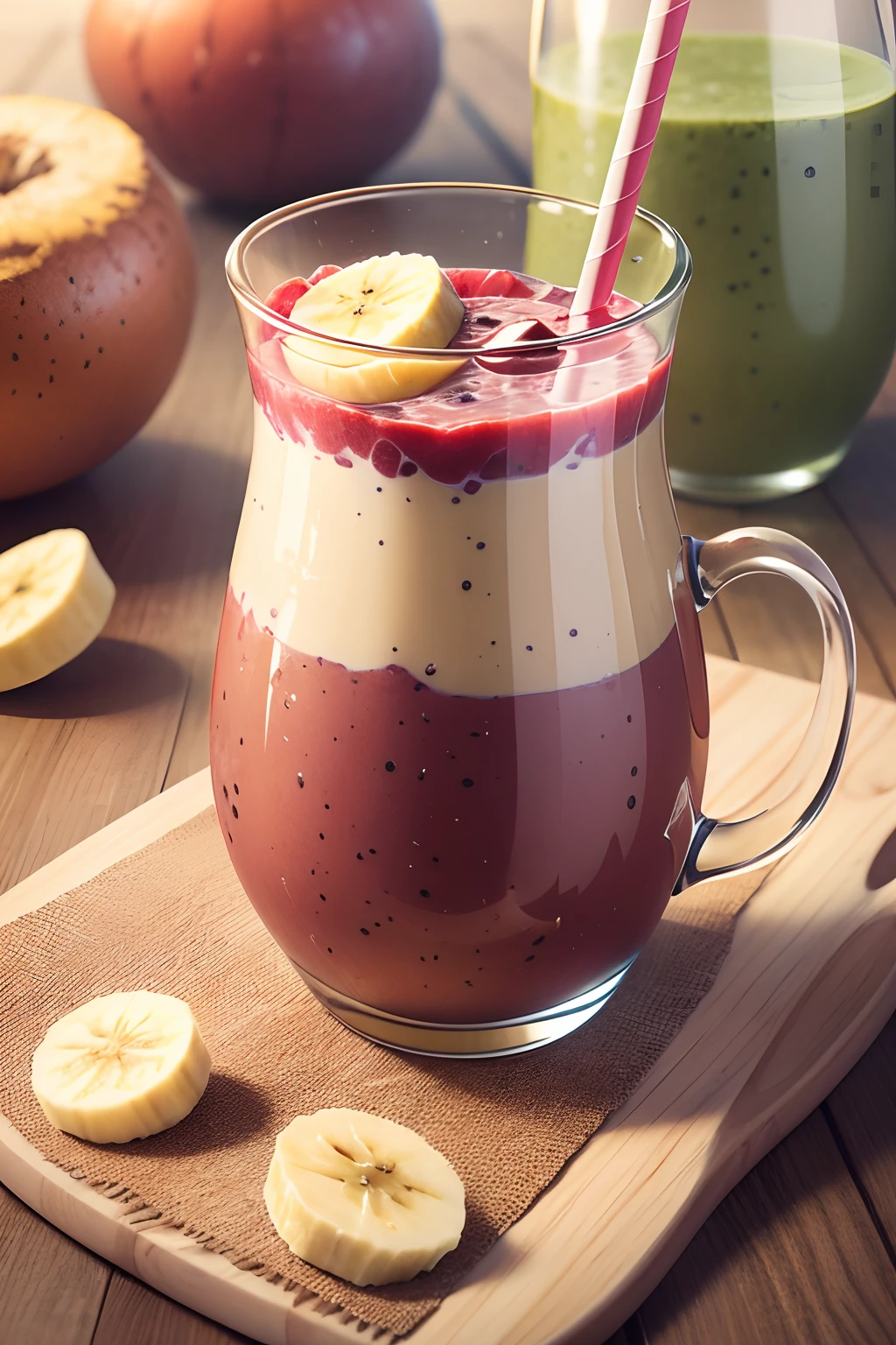 create a realistic image of a Fitness Breakfast Smoothie with the following ingredients: banana, morango, espinafre, iogurte grego, semente de chia, mel e cubos de gelo