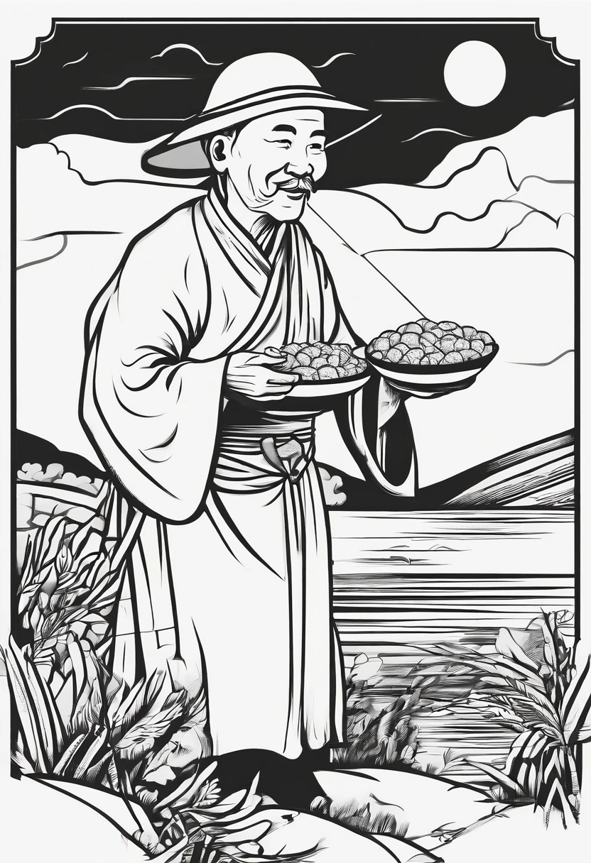 Close up of simple minimalist old Chinese farmer eating a ricecake ball logo with thick black and white outline style, smooth edges, simple design, simple colouring, one color, simplistic details