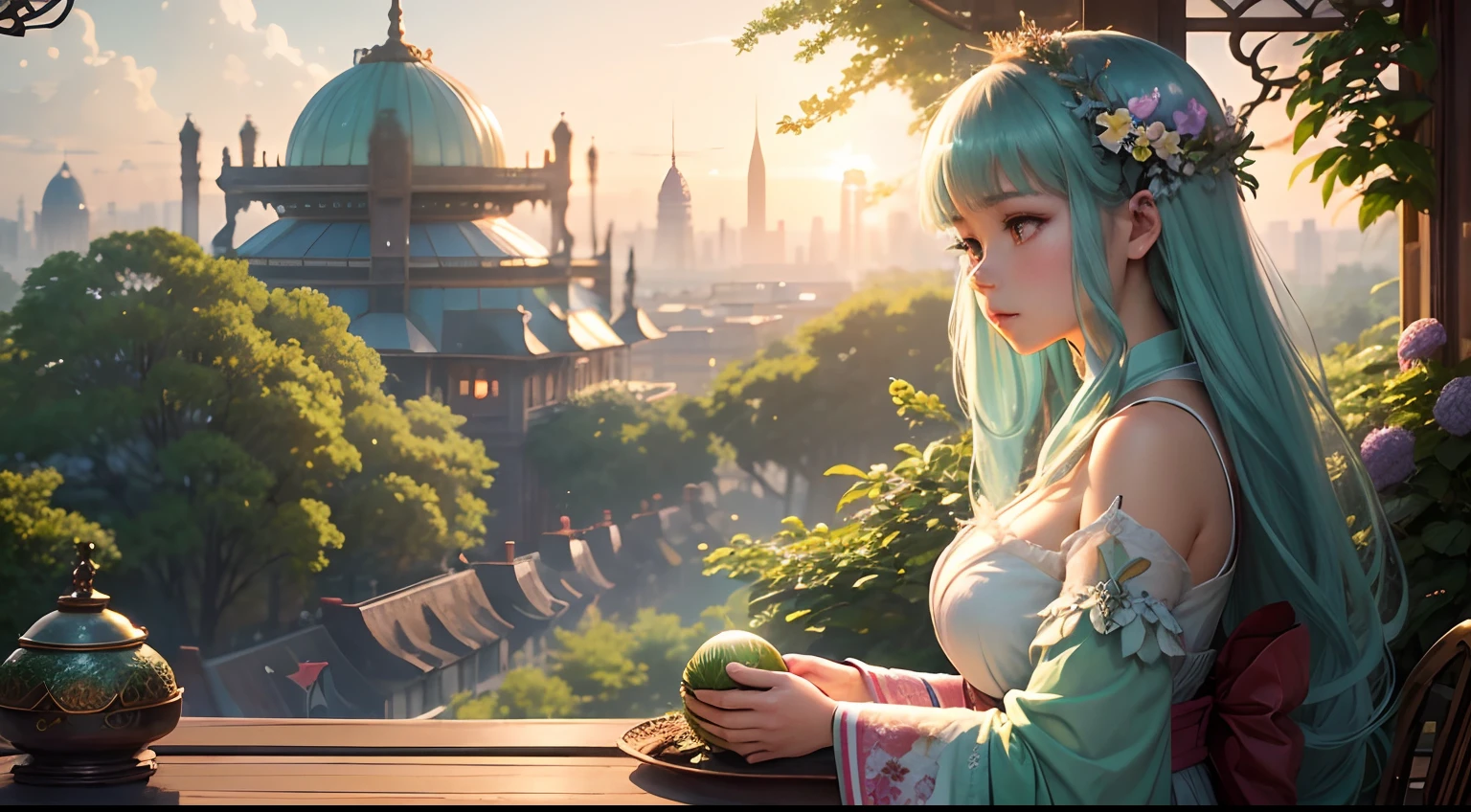 best quality, masterpiece, extremely detailed, detailed background, anime, 1girl, young girl, short girl, kimono, retro, city lansdscape, outdoors, sunset, beautiful sky, greenhouse, megastructure, bio-dome, landscape, scenery, horizon, rooftop, sitting on rooftop, wind, looking away, atmospheric lighting, solo focus, close up, from side, depth of field, bokeh, A mystical forest bathed in ethereal, soft light. Princess Lila, in her regal attire, stands in awe as she stumbles upon a colossal, vivid green egg half-buried in a bed of luminescent ferns and iridescent wildflowers. The forest seems to whisper secrets, and magical creatures