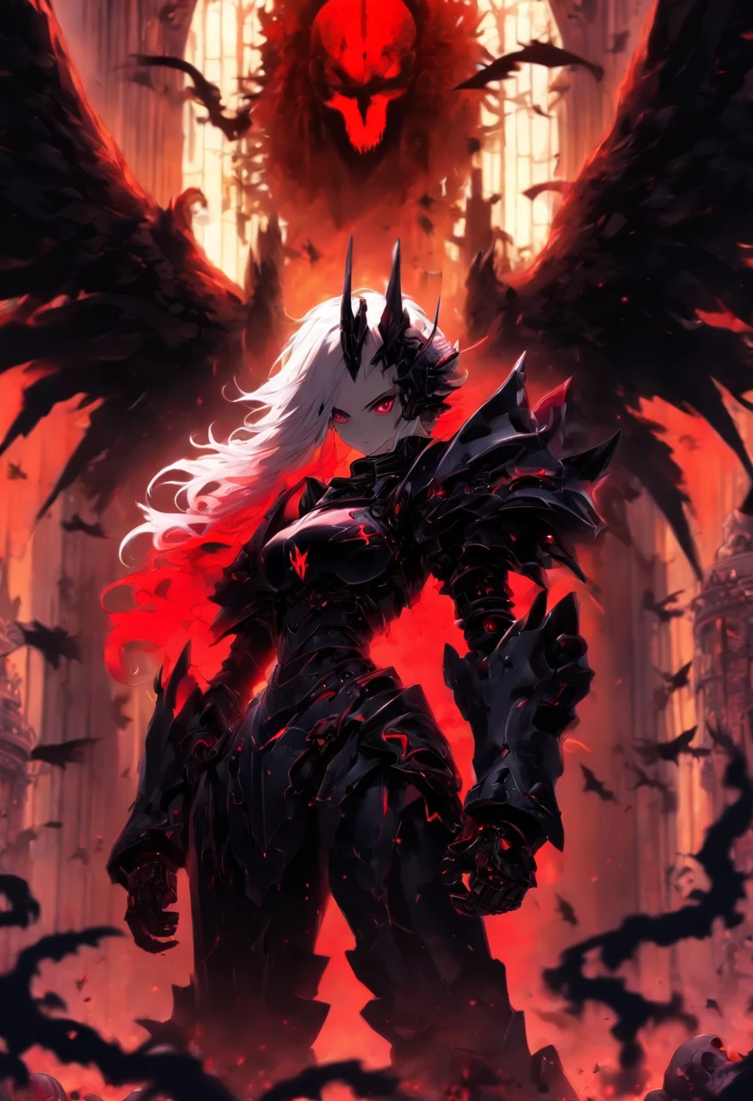 queen power armor little girl , (gothic style), full body view , bellybutton, The most beautiful and sexy demon goddess, long white hair, glowing red eyes, wearing detailed black gothic battle armor, black angel wings, tattoos and piercings, gothic castle, perfect masterpiece, high quality, high resolution, ((horror girl)), (blood big armor, (lots of chains),