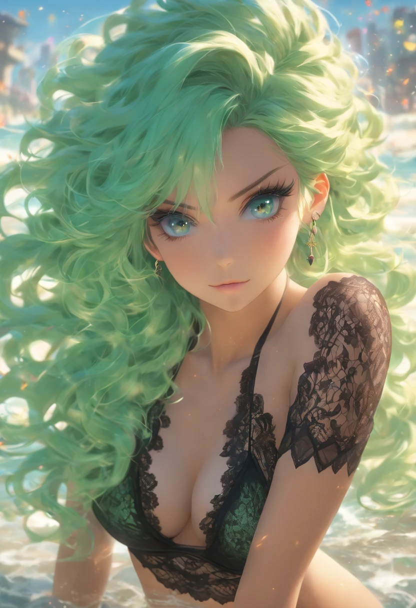 (high quality, ArtStation, fantasy art:1.2), a beautiful girl, (long wavy mint-green hair), (black ornamented lace bikini)