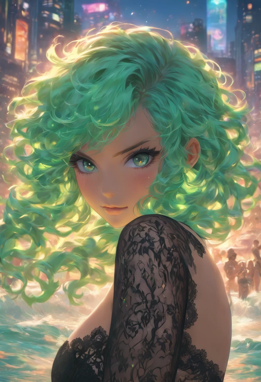 (high quality, ArtStation, fantasy art:1.2), a beautiful girl, (long wavy mint-green hair), (black ornamented lace bikini)