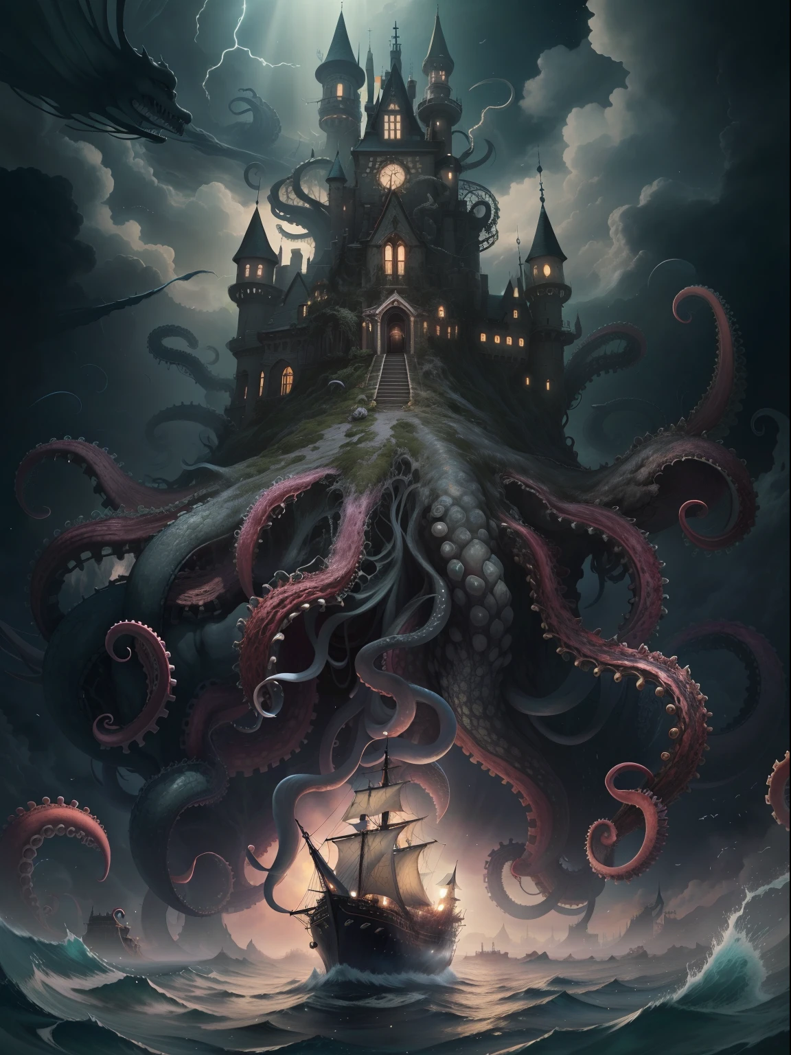 tmasterpiece:Dark castle on the move,Below is the sea monster,The sea monster holds up the castle,Sea Monster Tentacles,Octopus tentacles,the night,rays of moonlight,magic,shock,(Look at the perspective from the bottom up)。(number art,Official artistic aesthetics,k hd,8K,Super meticulous,higher details,Exquisitely)