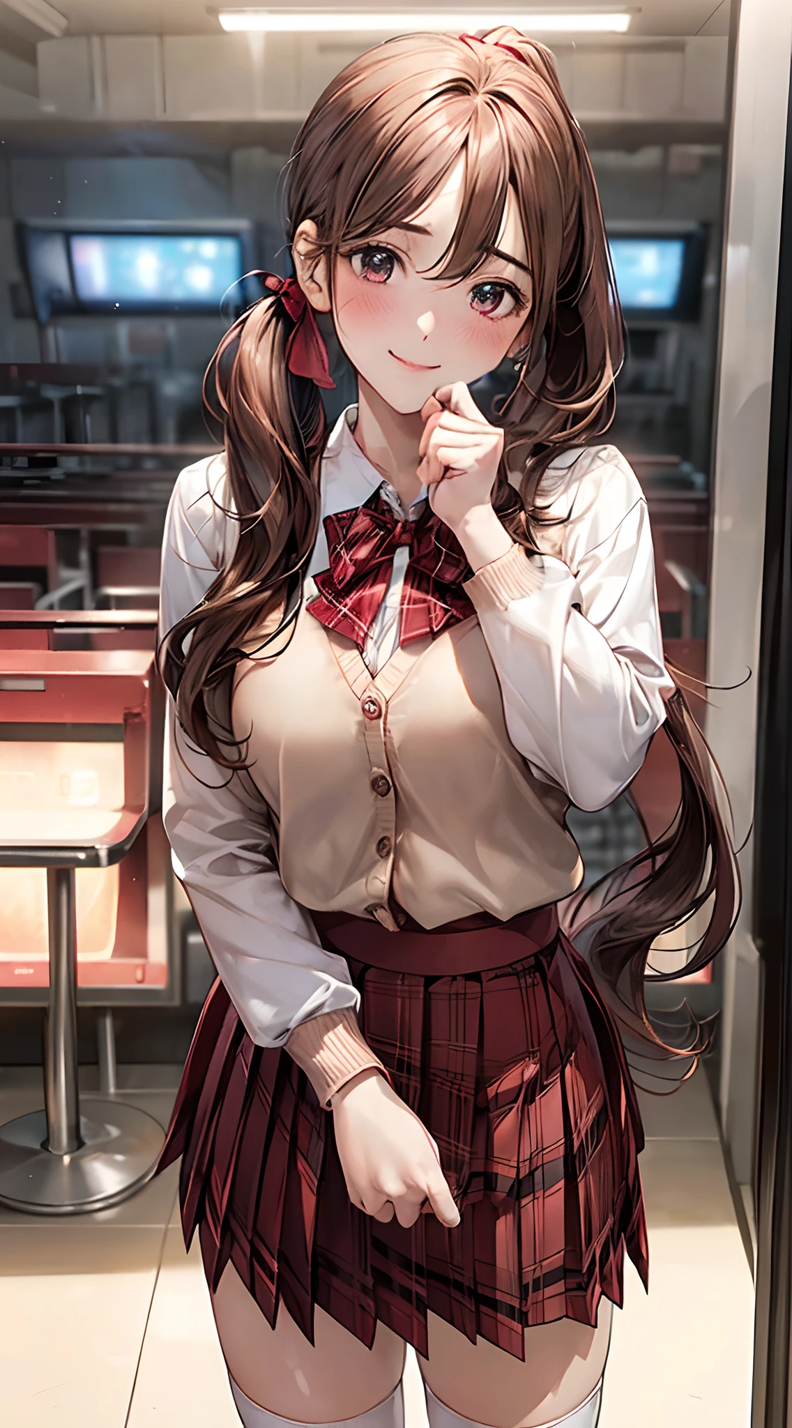 (masterpiece:1.2, top-quality), (realistic, photorealistic:1.4), beautiful illustration, NSFW,
looking at viewer, cowboy shot, front view:0.8,
1 girl, japanese, high school girl, light brown hair, (long hair:1.8), (side ponytail:1.7), bangs, hair between eye, blue eyes, large breasts:0.8, (thick thighs),
beautiful hair, beautiful face, beautiful detailed eyes, beautiful clavicle, beautiful body, beautiful chest, beautiful thigh, beautiful legs, beautiful fingers,
(beautiful scenery), dawn, amusement arcade, claw crane, upright enclosures, table enclosures,
((red blazer, pleated mini skirt, white socks, red private school uniform:1.2, light blown cardigan, red plaid pleated skirt, red plaid bow tie, red plaid hair ribbon)), pink panties,
(swollen), ((seductive posture: 1.2, attractiveness: 1.2)), (idle),
(erotic, sexy, upper eyes, smile), shiny skin,
perfect face, cute and symmetrical face, natural side lighting, movie lighting),
standing, walking, (put finger on one's lips),