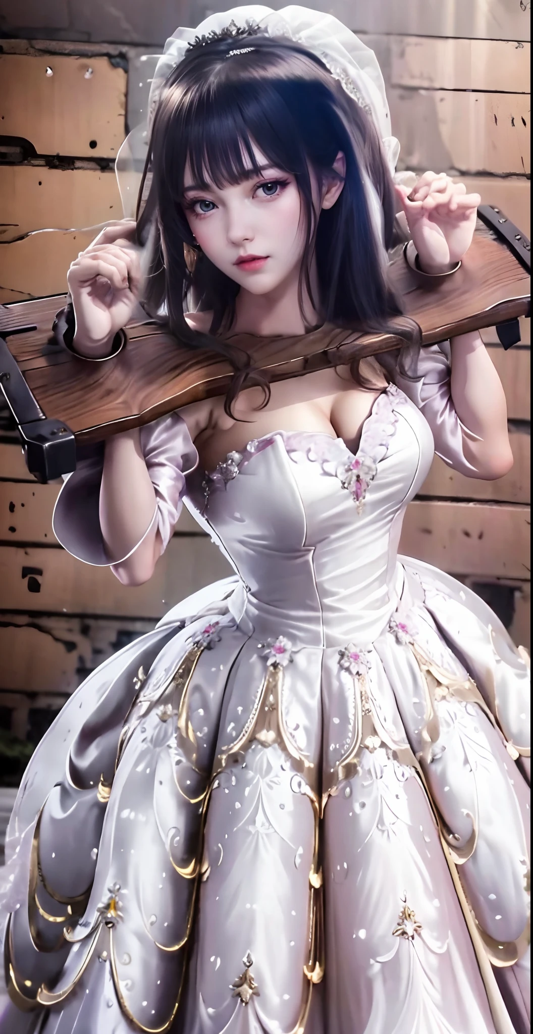 Close-up of a beautiful bride wearing a beautiful wedding dress, Gurwitz,（Pillory：1.5）, （flail：1.2）,  flail on the head, flail on the hands,full body photo,  whole body, (bridal veil: 1.5), (transparent short veil: 1.5), flushed face, head flower, tiara, Very detailed princess wedding dress,(tube wedding dress: 1.5), (silk dress: 1.2 ), (strapless wedding dress: 1.5), （floor length skirt：1.2）, pure white dress,white long skirt, necklace, earrings, (huge breasts: 1.3), deep V heart-neck wedding dress, bangs, lipstick, (lace gloves: 1.3),  high detail RAW Color art,