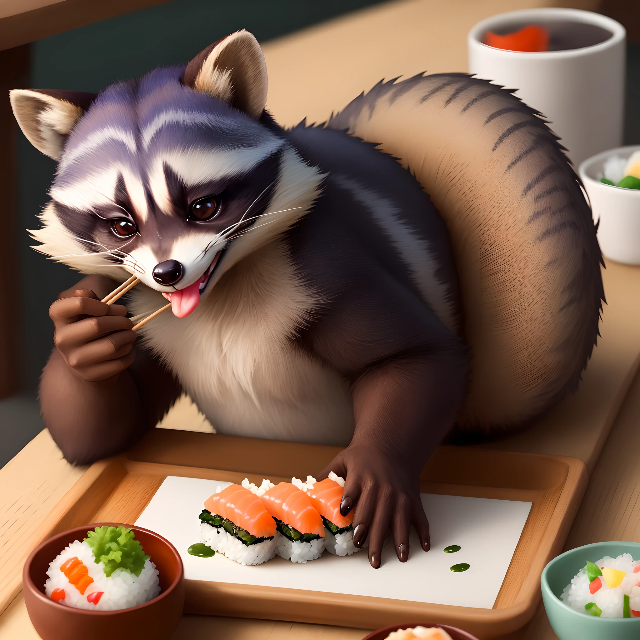 Draw a cute smiling raccoon, who eats with sushi chopsticks
