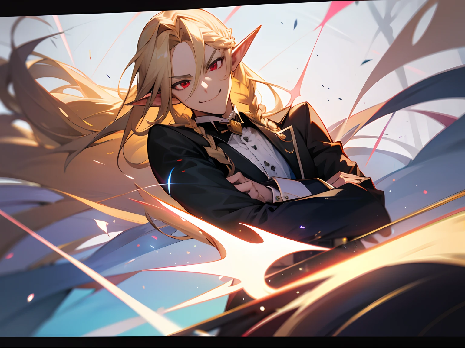 1guy, long blond braided hair, red eyes, light stuble, elf ears, black tuxedo, smug smile, dynamic angle, masterpiece, buff builf, looking ar viewer, high res, ultrasharp, 8k, white mansion