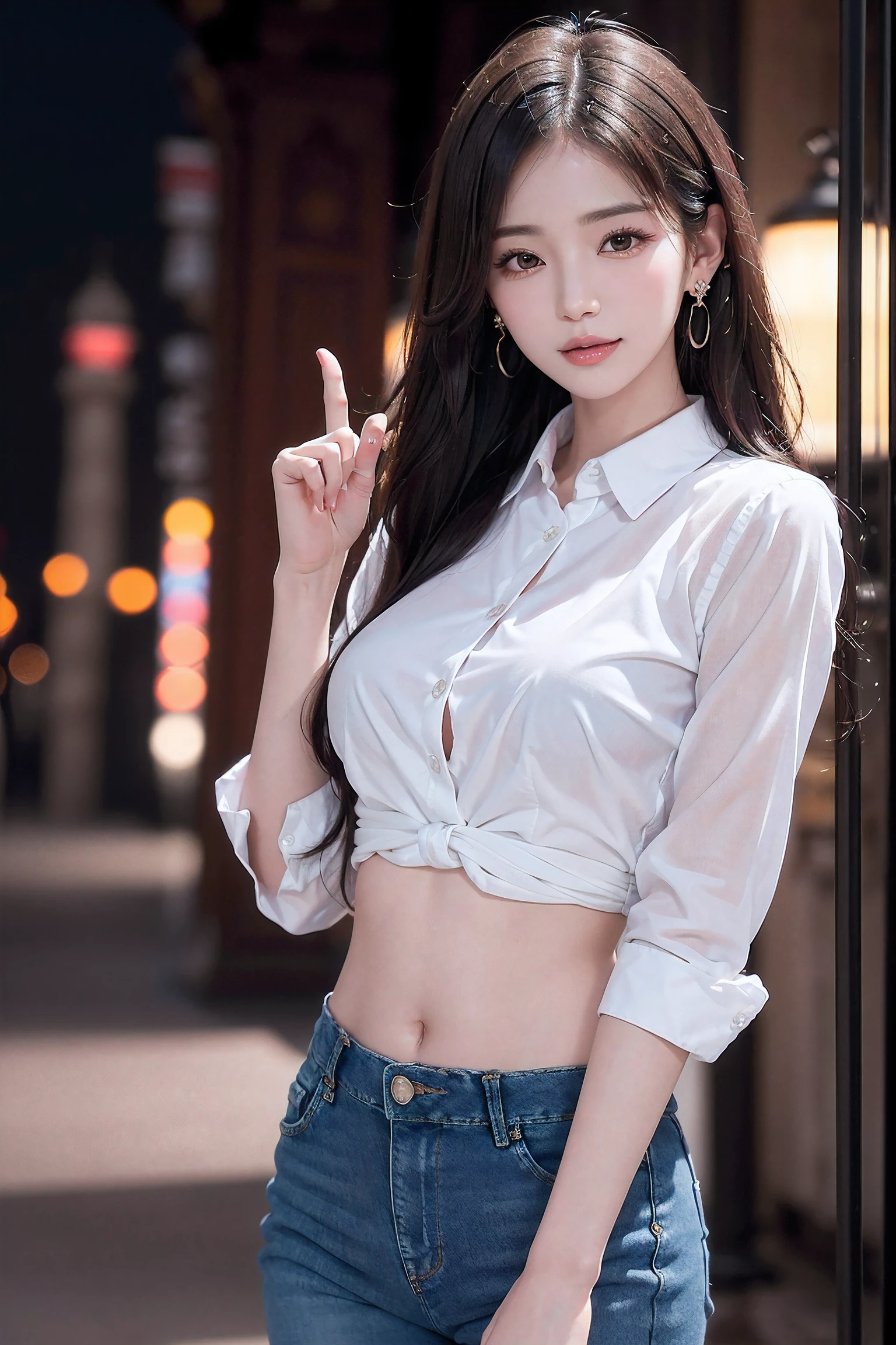(((1girl:1.3, solo))), (a extremely pretty and beautiful milf:1.3), (35 years old: 1.1), (at India night street:1.5), (professional sexy photo composition:1.5), view viewer, (Taj Mahal:1.5), (front view:1.3), (looking straight at the viewer:1.5), (photographed in a Canon EOS R5, 200mm Lens, F/2.8), (arms up behind back on head:1.5 ),
break,
(mahogany wavy hair:1.2), (Hair between eyes:1.3), (medium-length hair:1.3), bangs, dark brown eyes, beautiful eyes, princess eyes, (slender:1.3), (small breasts:1.5))), ((sagging breasts:1.5)), (((disproportionate breasts;1.5)))), (Breasts squeezed together:1.0), (thin waist: 1.3), (detailed beautiful girl: 1.4) , Parted lips, (pink glossy lips:1.3), (pale skin:1.3), (beautiful clean skin:1.3), ((Perfect Female Body)) , Perfect Anatomy, Perfect Proportions, (most beautiful Japanese actress face:1.3) , (a extremely cute and beautiful K-POP idol face:1.3), (oval face:1.3), (attractive emotion:1.3), (seductive expression:1.3), (seductive evil smile:1.3), (closed mouth:1.3 ), (4fingers and thumb:1.5), (perfect ratio human hands:1.5),
BREAK,
(wearing a classy white collared shirt:1.3), (skinny denim pants:1.3), (black pin-heels:1.3), (jewely earing:1.3), detailed clothes,
BREAK,
(Realistic, Photorealistic: 1.37), (Masterpiece, Best Quality: 1.2), (Ultra High Resolution: 1.2), (RAW Photo: 1.2), (Face Focus: 1.2), (Ultra Detailed CG Unified 8k Wallpaper: 1.2), (Hyper Sharp Focus: 1.5), (Ultra Sharp Focus: 1.5), (Beautiful pretty face: 1.3) (professional photo lighting:1.3), , (super detailed background, detail background: 1.3),iu,chinatsumura,yeonyuromi,jwy1,colorful_girl_v2,blurry_light_background,thin legs