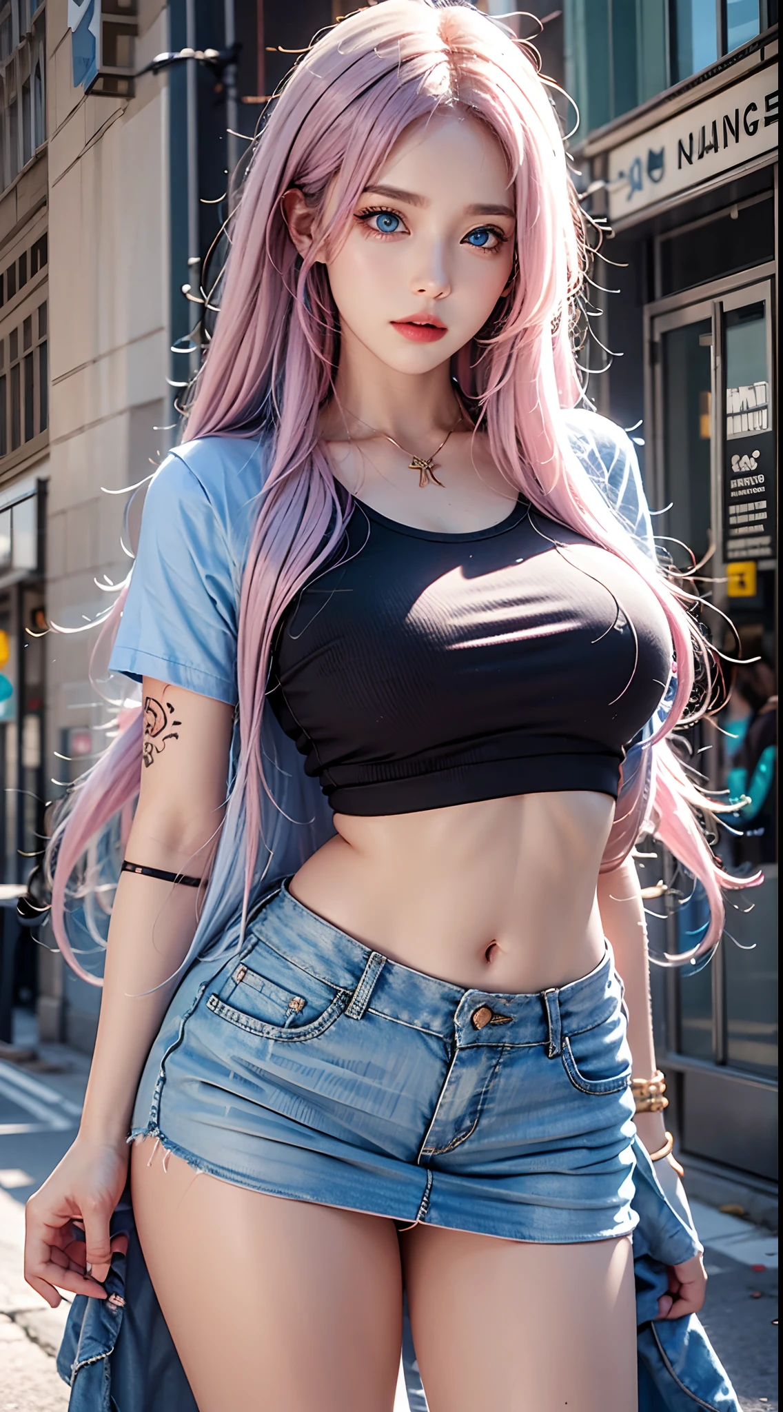 photorealistic, high resolution, soft lights, 1women, solo, hips up, (blue eyes, long hair, pink hair), street wear, t-shirt, skirt, jewelry, tattoo