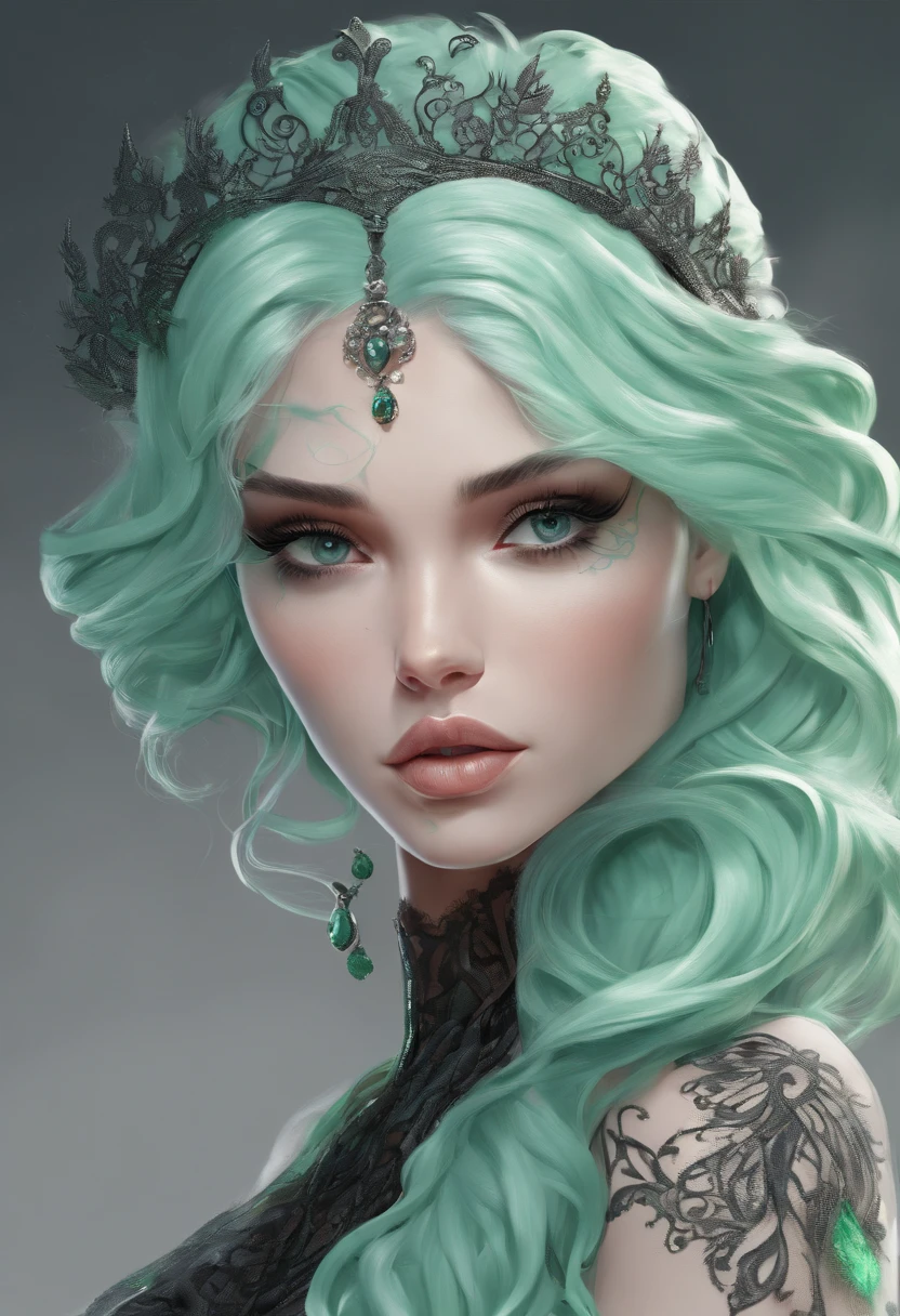 (high quality, ArtStation, fantasy art:1.2), a beautiful girl, (long wavy mint-green hair), (black ornamented lace bikini)