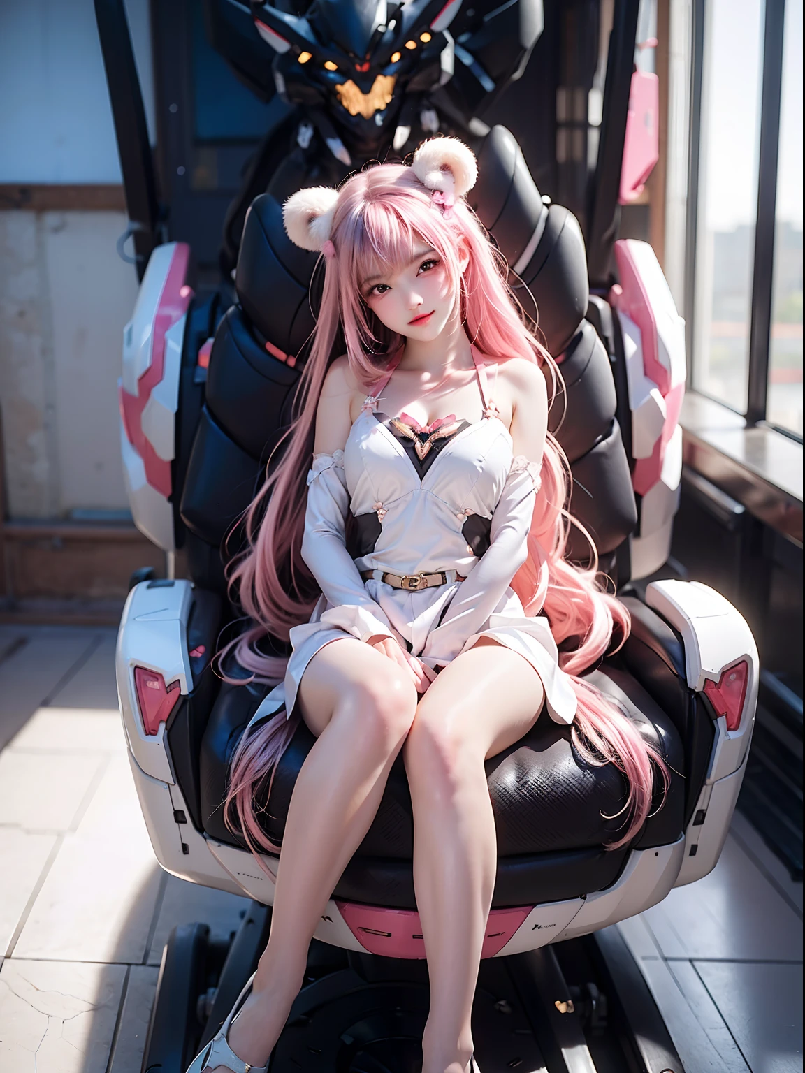 1girll, full bodyesbian，sitted，Dramatic lighting,Pink Mecha,Honey Mecha，White-pink mech，Pink Long Hair，long whitr hair，Poor milk，The clothes fit the body，Snow-white skin， face，The most delicate face，Bare thighs，8K wallpaper，tmasterpiece，Best quality at best，ssmile，the feet，Foot pedaling，Bear pillows