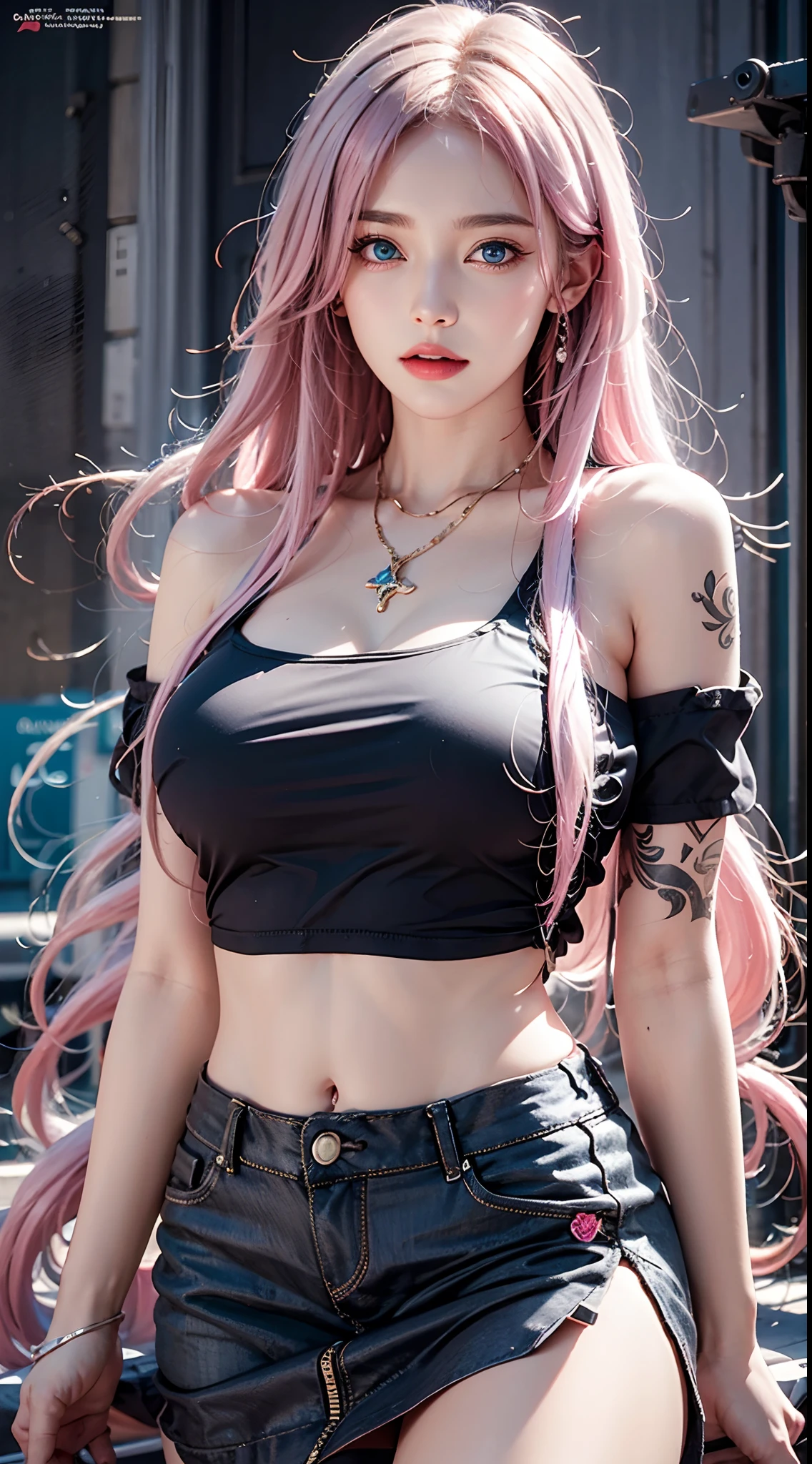 photorealistic, high resolution, soft lights, 1women, solo, hips up, (blue eyes, long hair, pink hair), street wear, t-shirt, skirt, jewelry, tattoo