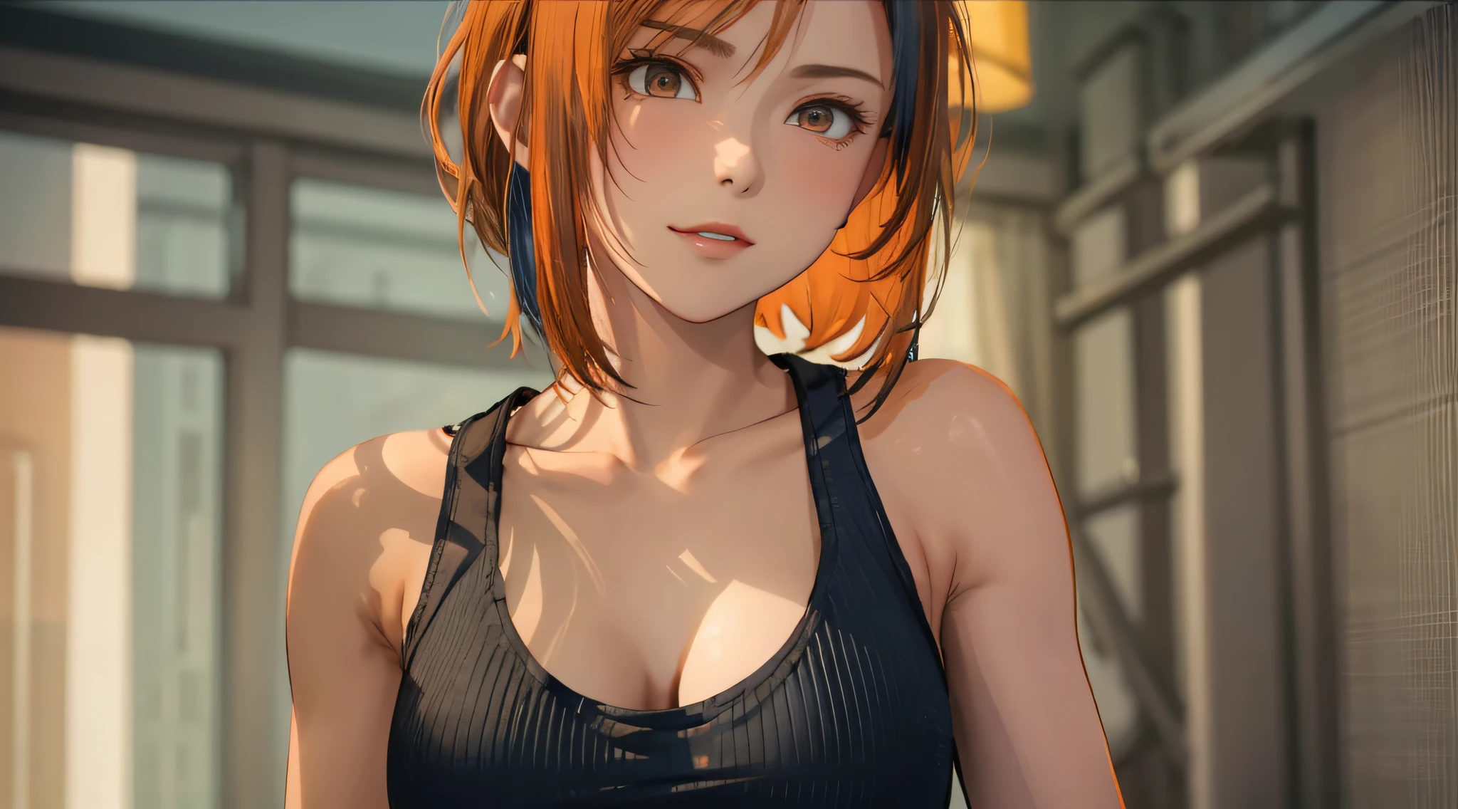 ((Incredibly beautiful villain woman in bright orange tank top:1.3))、((NSFW))、Asymmetrical ultra-short hair,、Open front、a matural female、Very boyish and cool、sky blue hair,Red inner hair、Bedroom with cyberpunk night view、Great lighting、Small eyes、Black eyes、D-Cup Peak、serious facial expression