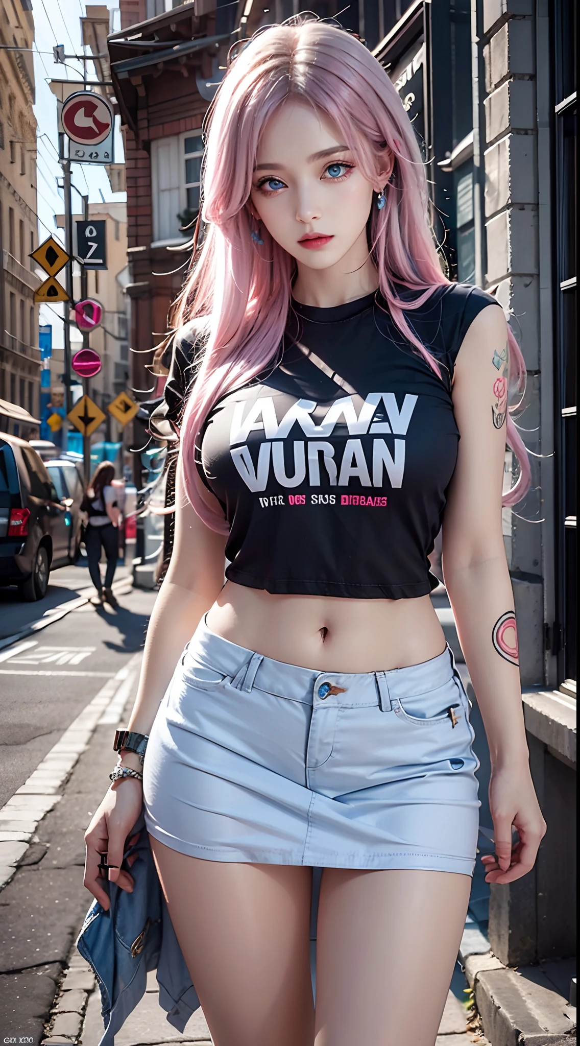 photorealistic, high resolution, soft lights, 1women, solo, hips up, (blue eyes, long hair, pink hair), street wear, t-shirt, skirt, jewelry, tattoo