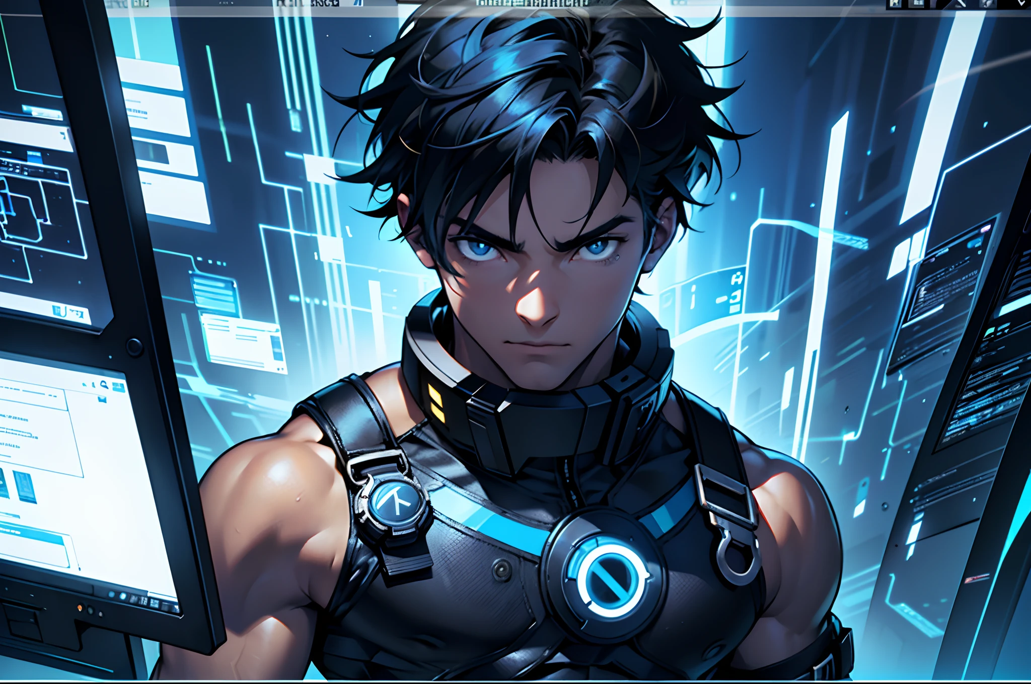 An 18-year-old boy was shirtless, revealing toned muscles, a handsome face, and a yellow gear ring in his left black eye. The boy was surrounded by a transparent screen, surrounded by numbers and letters flying everywhere. The main color tone is blue. The main theme is system, time travel.