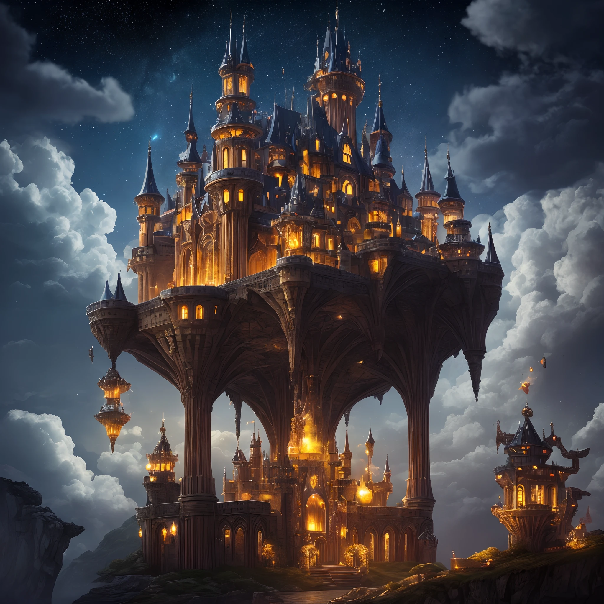 Underneath the boundless starry sky, a mobile castle gently hovers above an ethereal sea of clouds. The castle is colossal and magnificent, constructed from shimmering gemstones and steel, with each detail showcasing exquisite craftsmanship. As the castle moves, immense mechanical gears turn, propelling countless lights and mechanisms within the castle, creating fantastical effects and a mysterious ambiance. In this scene, the universe and the castle merge, intertwining light and shadow, immersing one in endless contemplation. (sockets:1.1), (best quality,4k,8k,highres,masterpiece:1.2), (realistic,photorealistic,photo-realistic:1.37), magical, (moving,floating), enormous, colossal, magnificent, (shimmering,glistening), gemstones, steel, intricate craftsmanship, ethereal, (gentle,gently), hovers, (mechanical,gears), mechanisms, fantastical effects, (mysterious,ethereal) ambiance, universe, merge, intertwining, (endless,infinite) contemplation. --auto