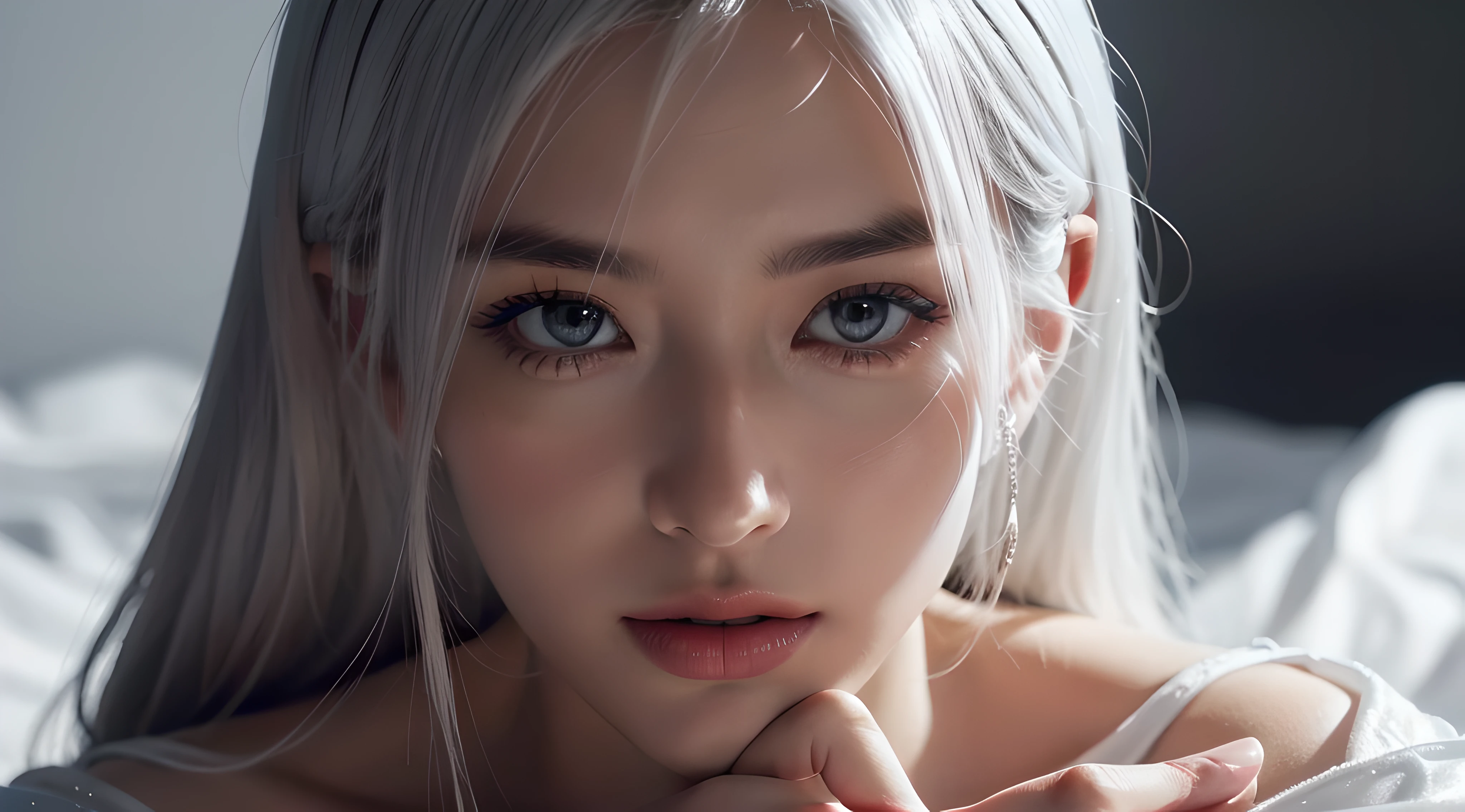 (8k, RAW photo, photorealistic) ,( lipgloss, eyelashes, gloss-face, glossy white skin, best quality, ultra highres, depth of field, chromatic aberration, caustics, Broad lighting, natural shading) looking at viewer with a serene and goddess-like happiness, masterpiece, realistic, photo-realistic), 1girl, white girl, symetrical face, close-up, Messy  white hair, Smokey eyes, (looking at viewer:2), In a high-end fashion photoshoot, capture the ethereal beauty of a strong white goddess. Show her captivating presence with smokey eyes that exude power and elegance. Focus on creating a realistic portrait that showcases her regal aura, making her the focal point of the image, DLSR, film grain, cinematic, intricate details, 4K, 8k, hd