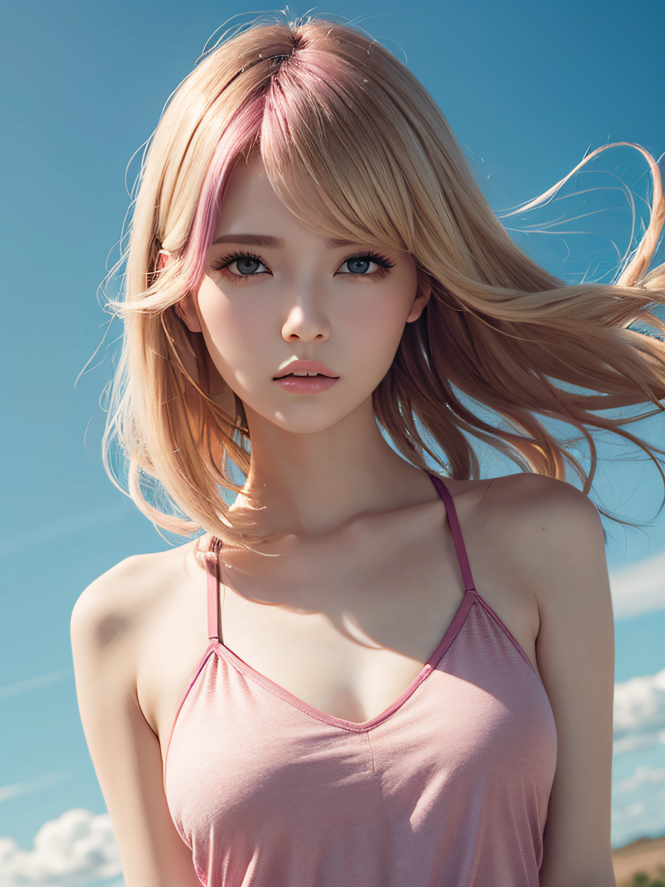 Best Quality, masutepiece, Upper body, Woman, blonde hair blown in the wind, Shining eyes, Steampunk nude style, thin clothes, Pink camisole, Maroon hair