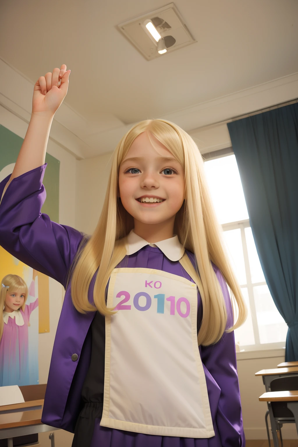 Year: 2012. Location: North River Heights, Manhattan. pre-raphaelite -yeld giwith platinum blonde straight hair, in class, (raising her hand high) in excitement to volunteer, big smile, (((2010s colorful clothes))) ((2010s hairstyle)) ((in the style of "OMITB")) ((cinematic style))
