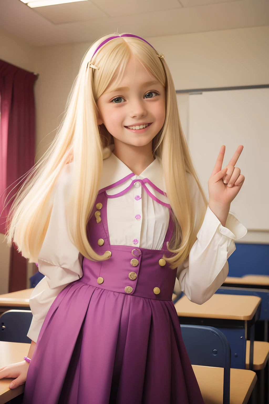 Year: 2012. Location: North River Heights, Manhattan. pre-raphaelite -yeld giwith platinum blonde straight hair, in class, (raising her hand high) in excitement to volunteer, big smile, (((2010s colorful clothes))) ((2010s hairstyle)) ((in the style of "OMITB")) ((cinematic style))