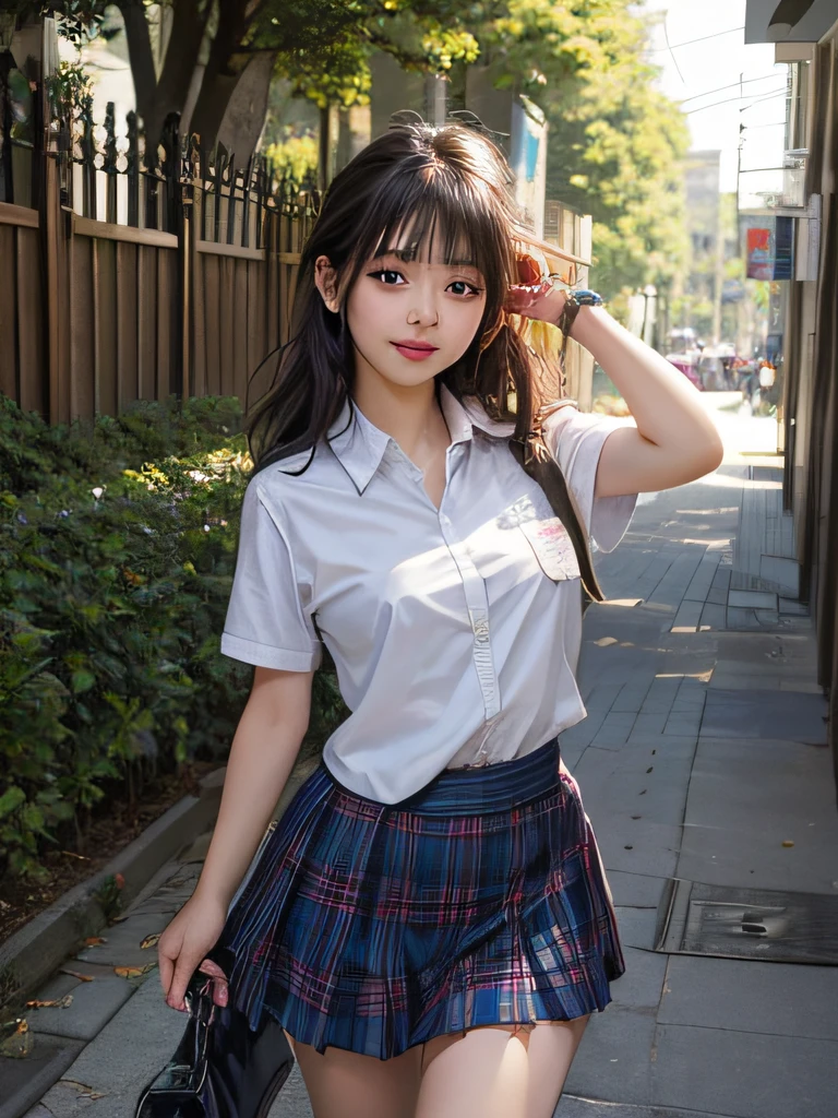 an 18-year-old girl、a small face、Asian girl in uniform, Chica ppara en la acera, Dientes visibles con una sonrisa、Medium-sized breasts、Gire el cuerpo hacia un lado、Super mini plaid skirt、realistic young gravure idol, Una colegiala hiperrealista, Tomada con Sony Alpha 9, Japan Beautiful Girl, young gravure idol, Una colegiala hiperrealista, young pretty gravure idol, Cielo azul y rascacielos de fondo、(desde abajo:1.4),