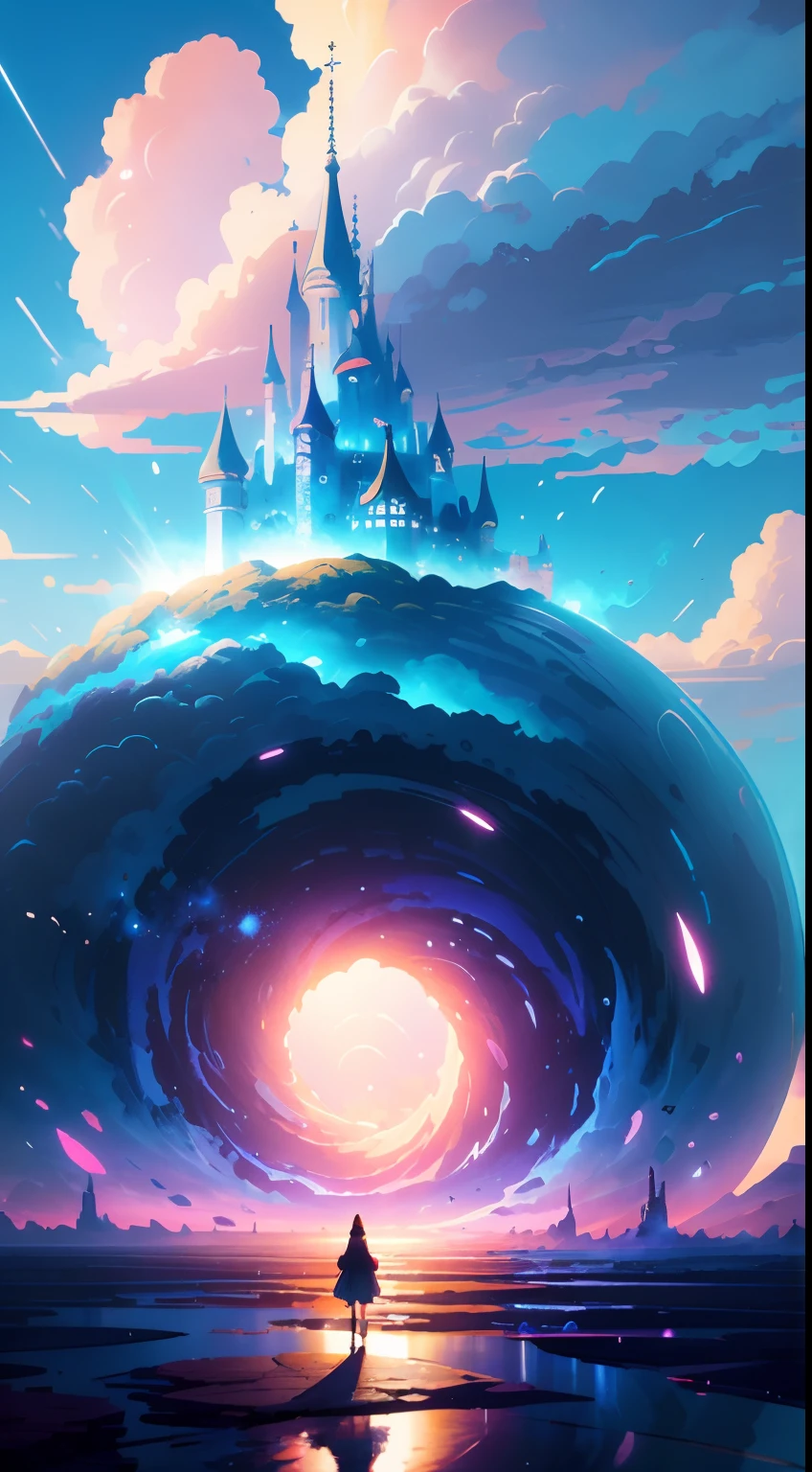 Anime girl standing in big city looking at rainbow sky,Moving castle in the sky、 Makoto Shinkai Cyril Rolando, Anime art wallpaper 4k, Anime art wallpaper 4k, Anime art wallpaper 8k, Inspired by Cyril Rolando, in the style dan mumford artwork, Amazing wallpapers, By Yuumei